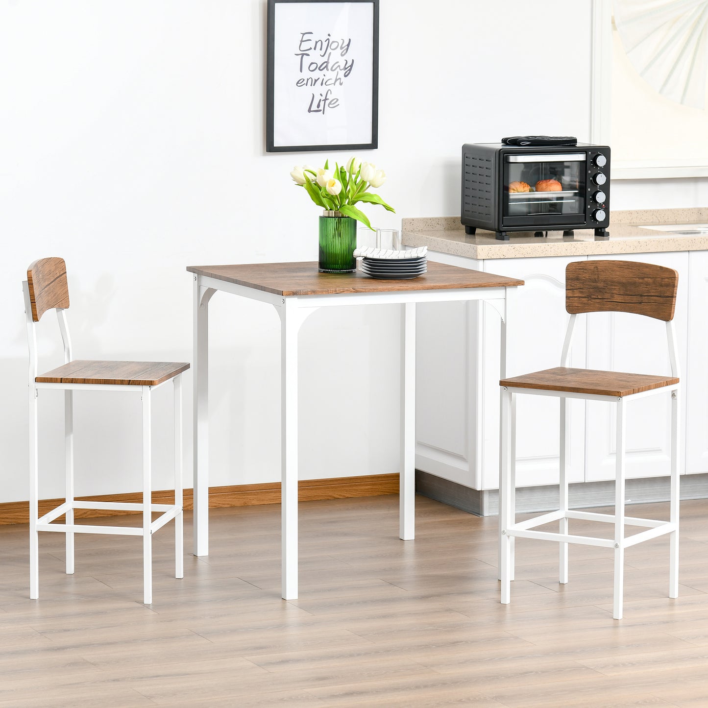 White Steel Bar Table Set - 3 Piece Dining Table with Stools for Dining Room