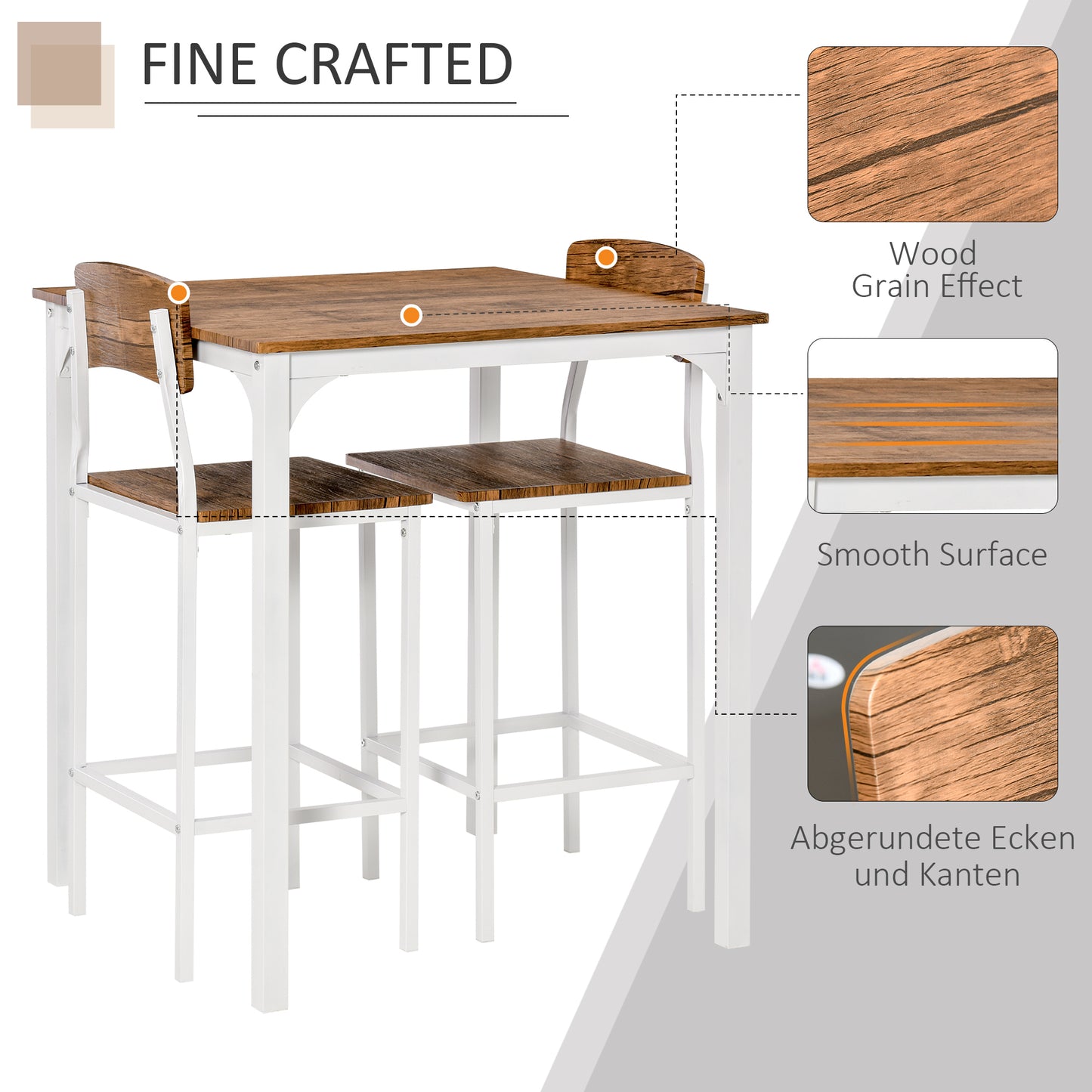 White Steel Bar Table Set - 3 Piece Dining Table with Stools for Dining Room