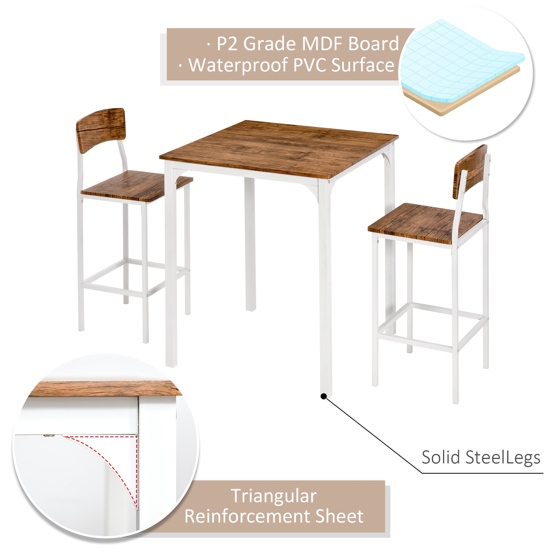 White Steel Bar Table Set - 3 Piece Dining Table with Stools for Dining Room