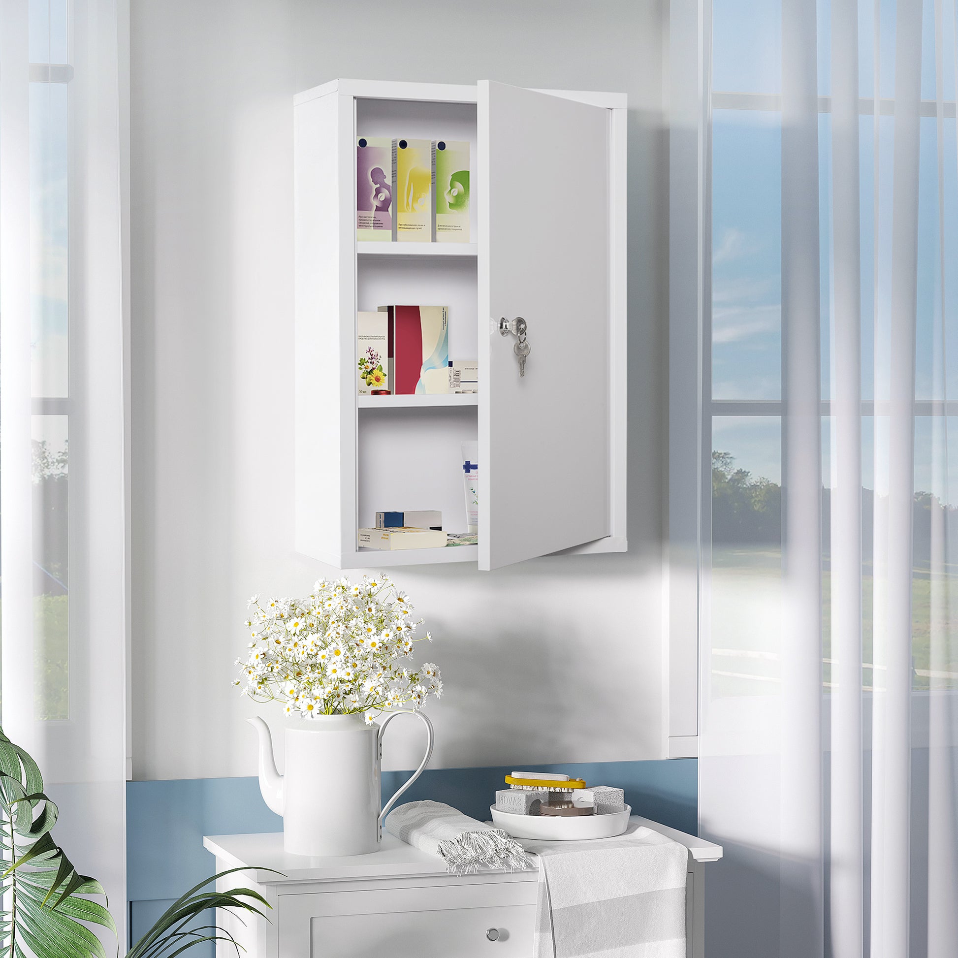 White Steel Wall Mount Medicine Cabinet - Lockable Storage for Living Room