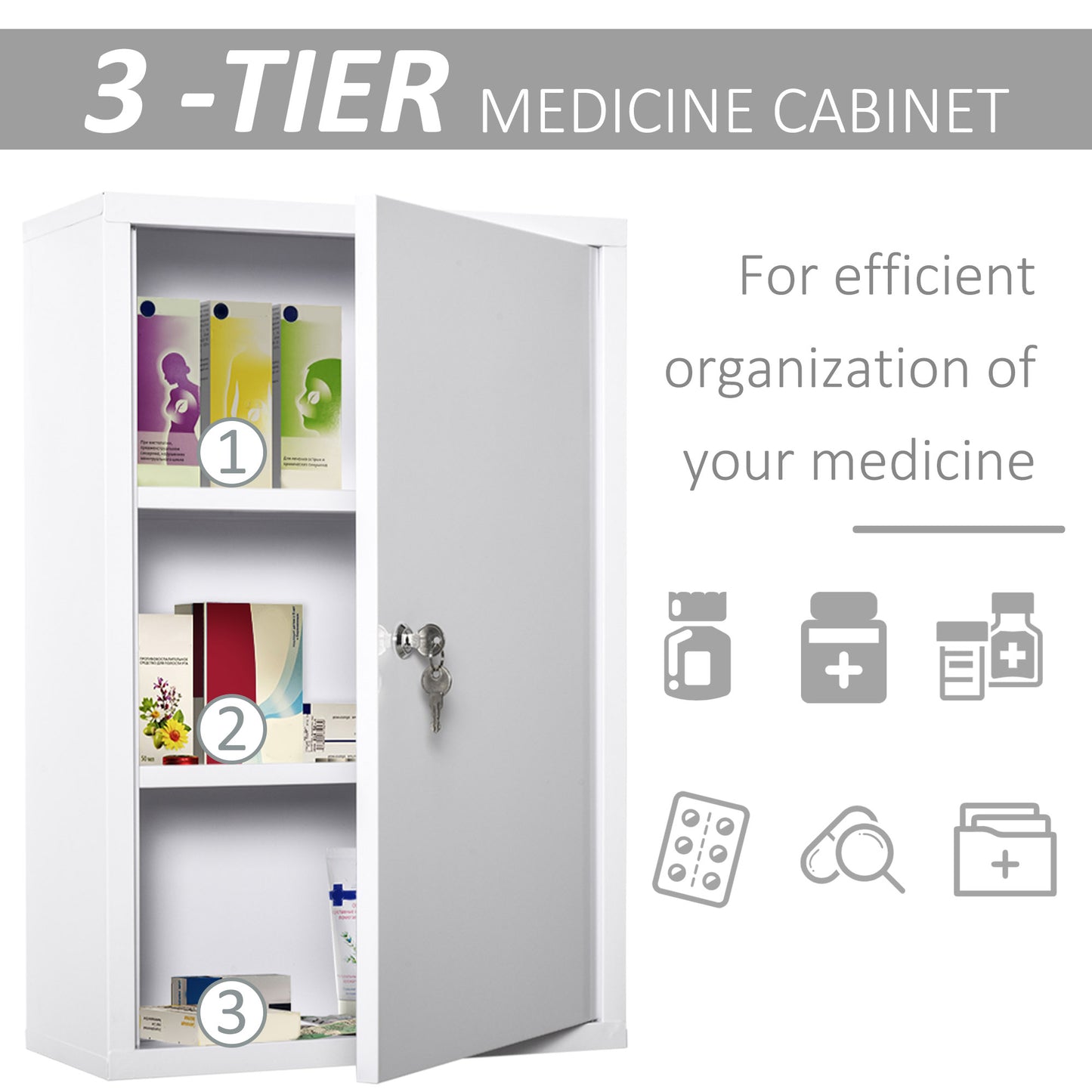 White Steel Wall Mount Medicine Cabinet - Lockable Storage for Living Room