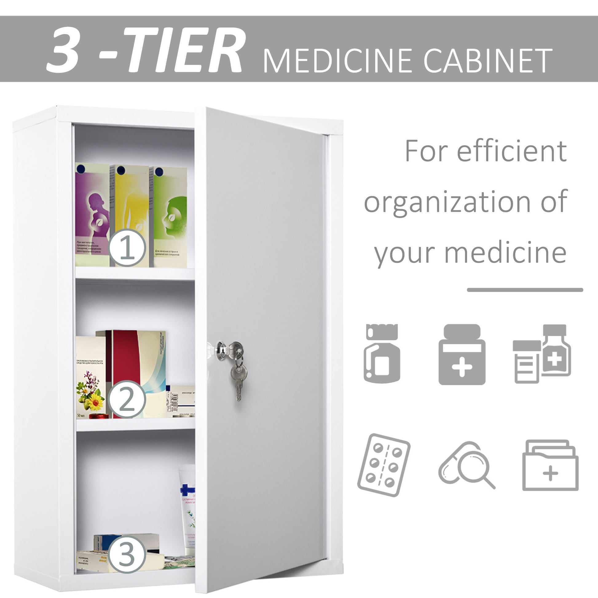 White Steel Wall Mount Medicine Cabinet - Lockable Storage for Living Room