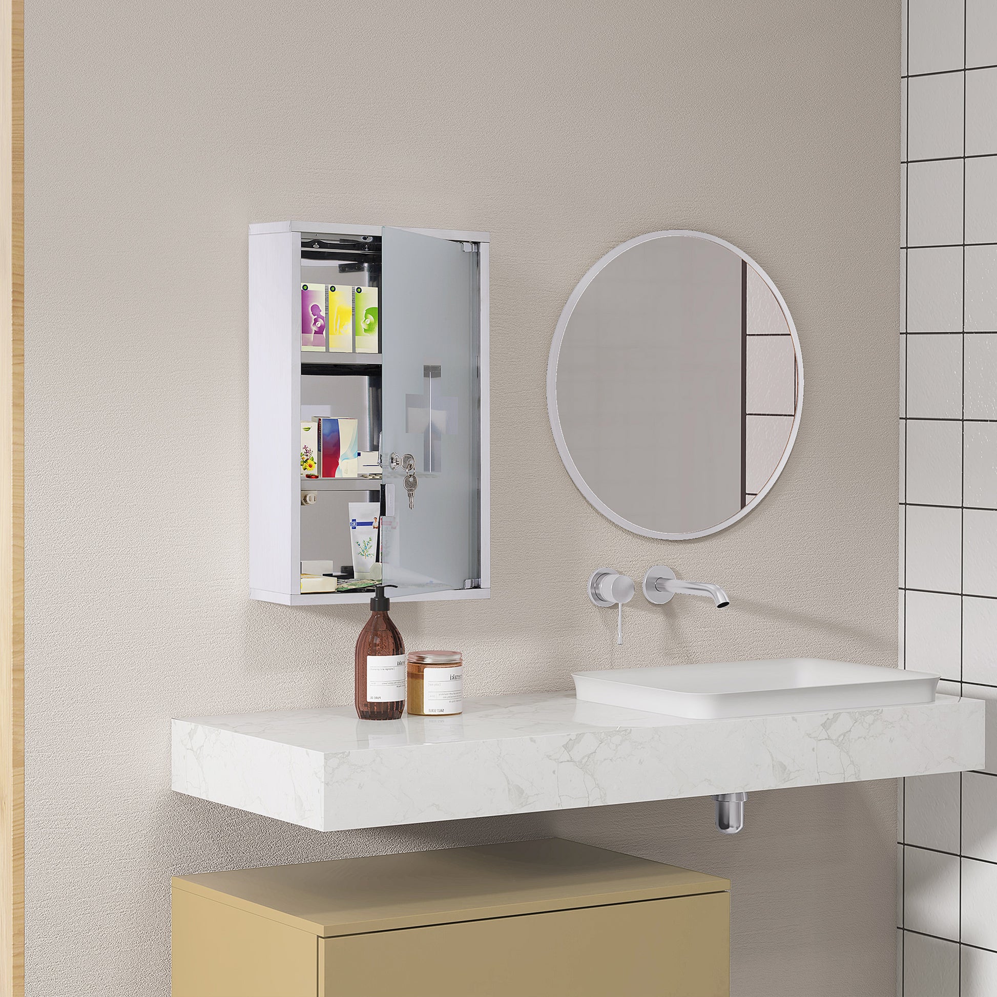 Locking Medicine Cabinet - Stainless Steel Storage, Silver