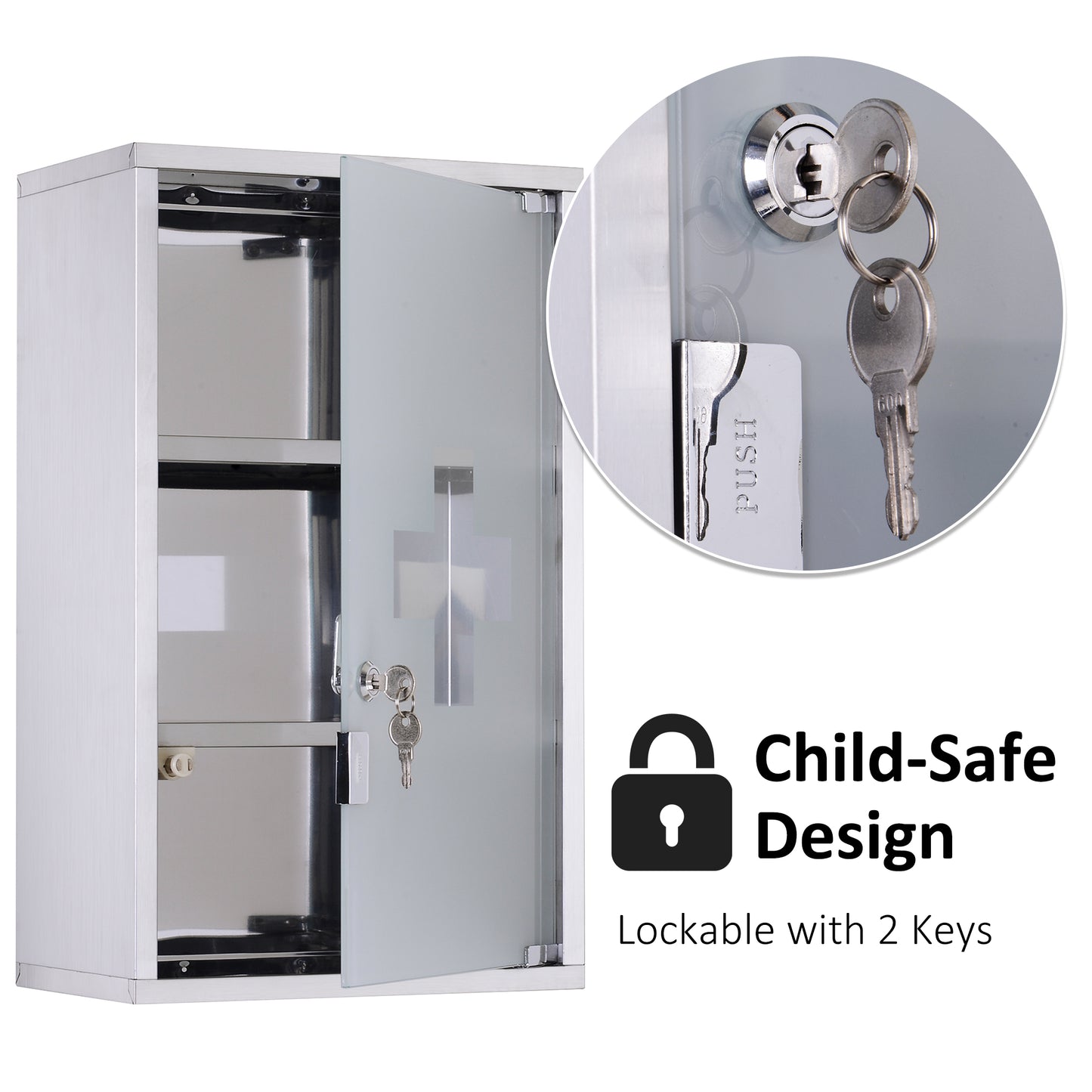 Locking Medicine Cabinet - Stainless Steel Storage, Silver