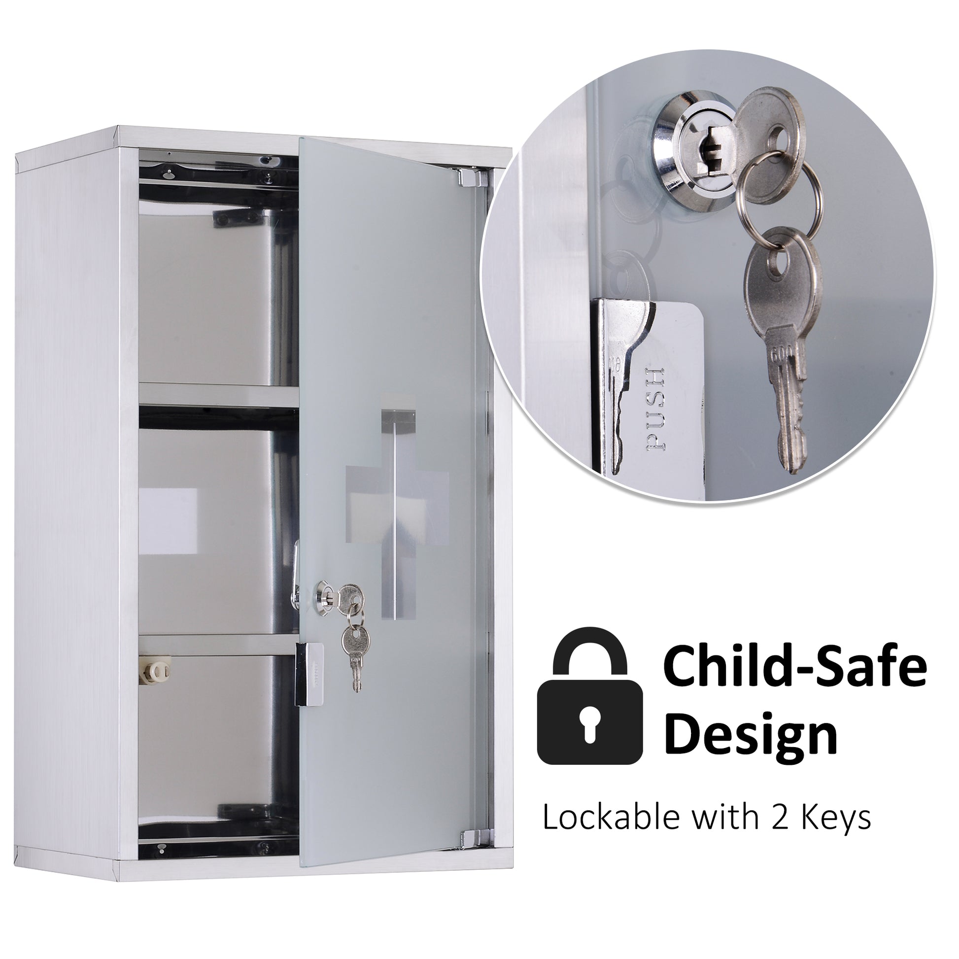 Locking Medicine Cabinet - Stainless Steel Storage, Silver