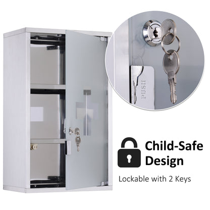 Locking Medicine Cabinet - Stainless Steel Storage, Silver