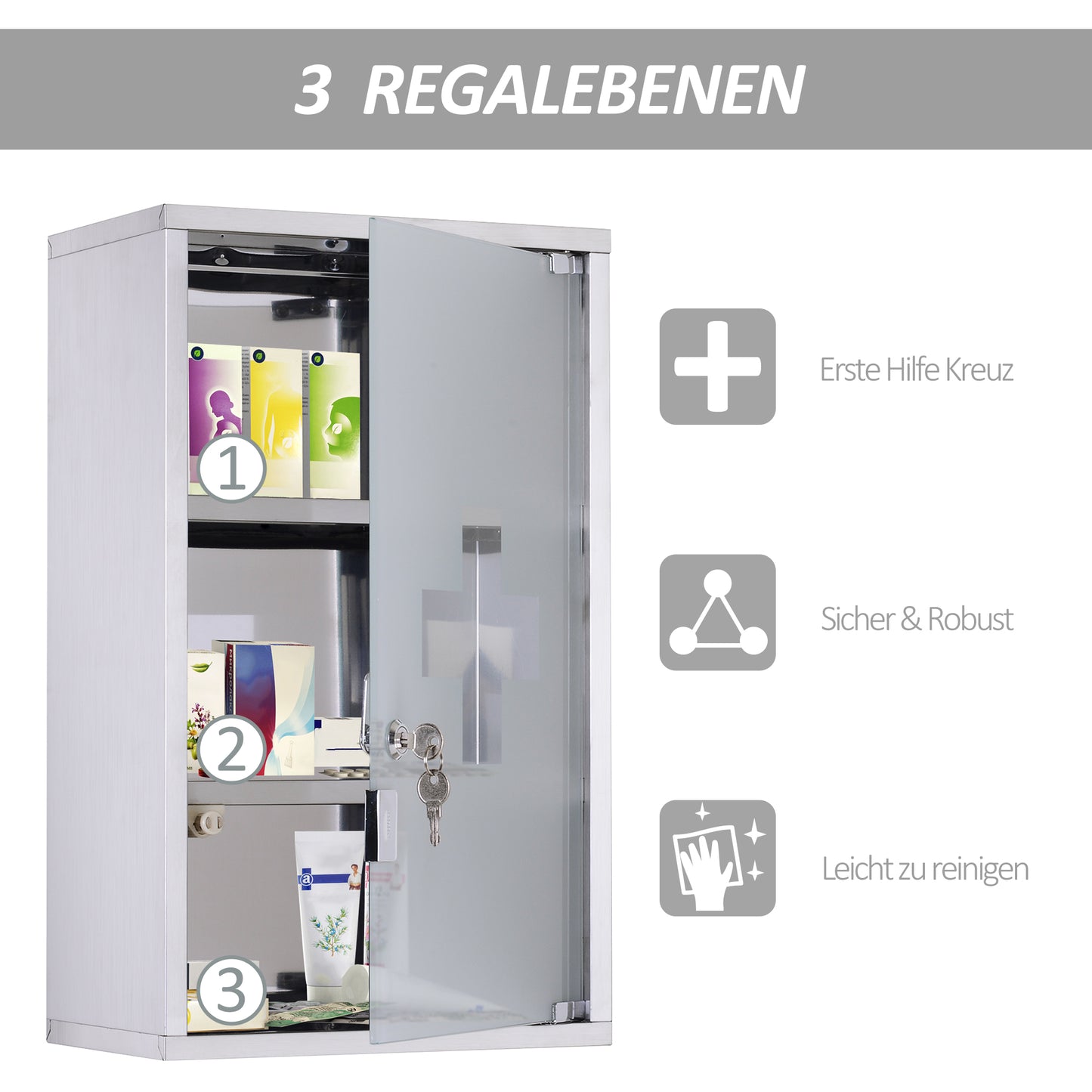 Locking Medicine Cabinet - Stainless Steel Storage, Silver