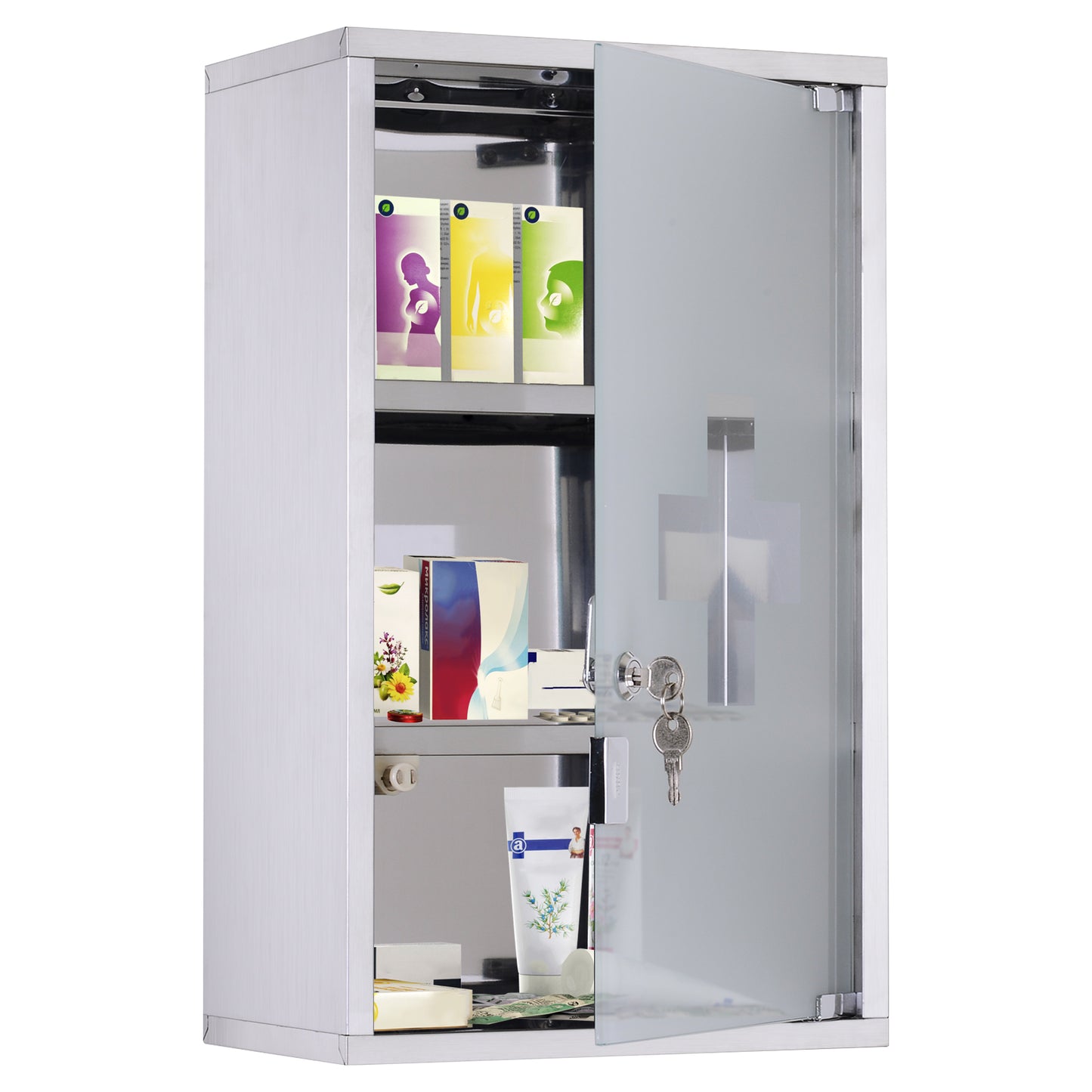 kleankin Wall Mounted Medicine Cabinet, Locking Wall Cabinet with 3 Tier Shelves, Stainless Steel Frame and Glass Door, Lockable with 2 Keys, Silver, 12" x 20"