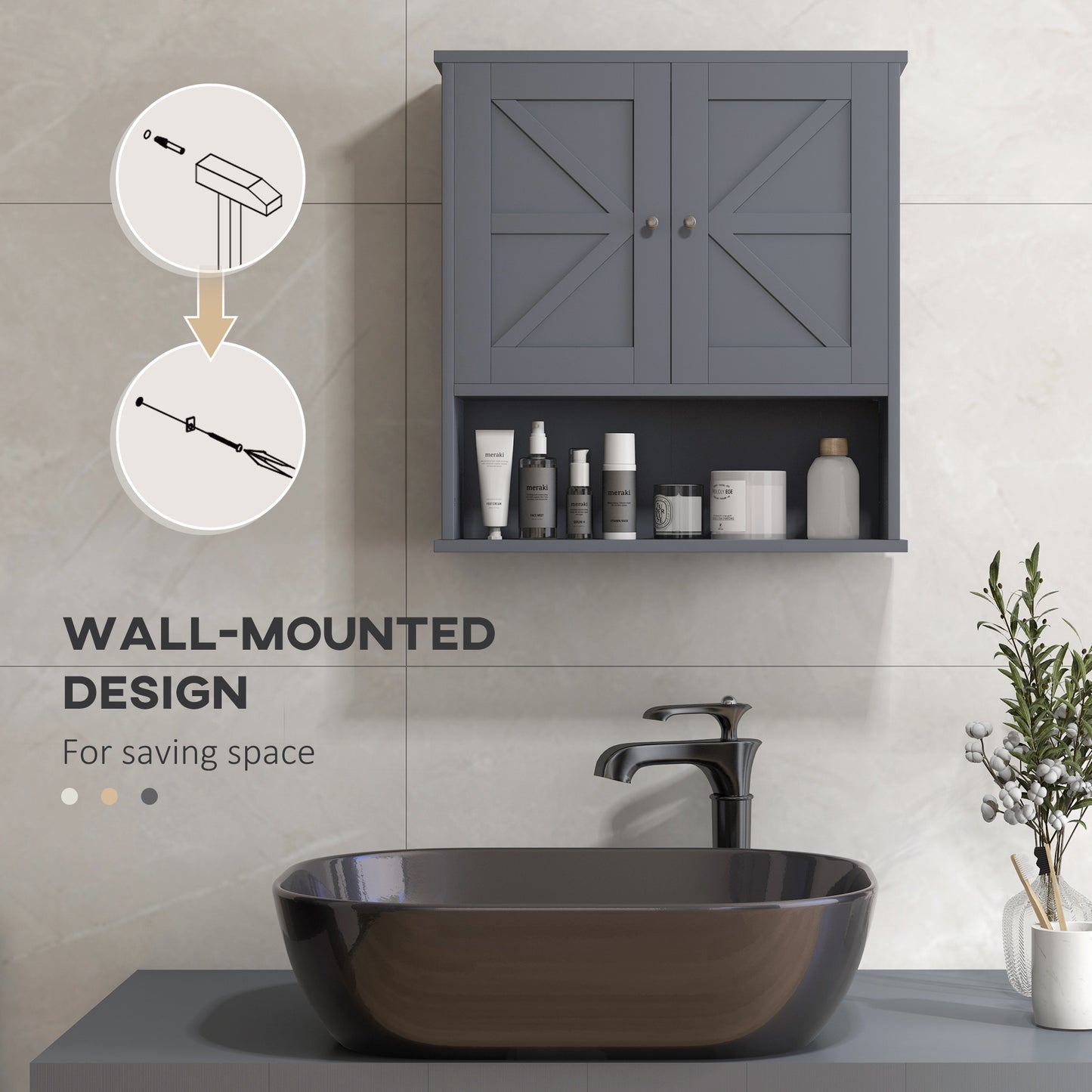 Gray Farmhouse Bathroom Wall Cabinet - Storage & Open Shelf for Living Room