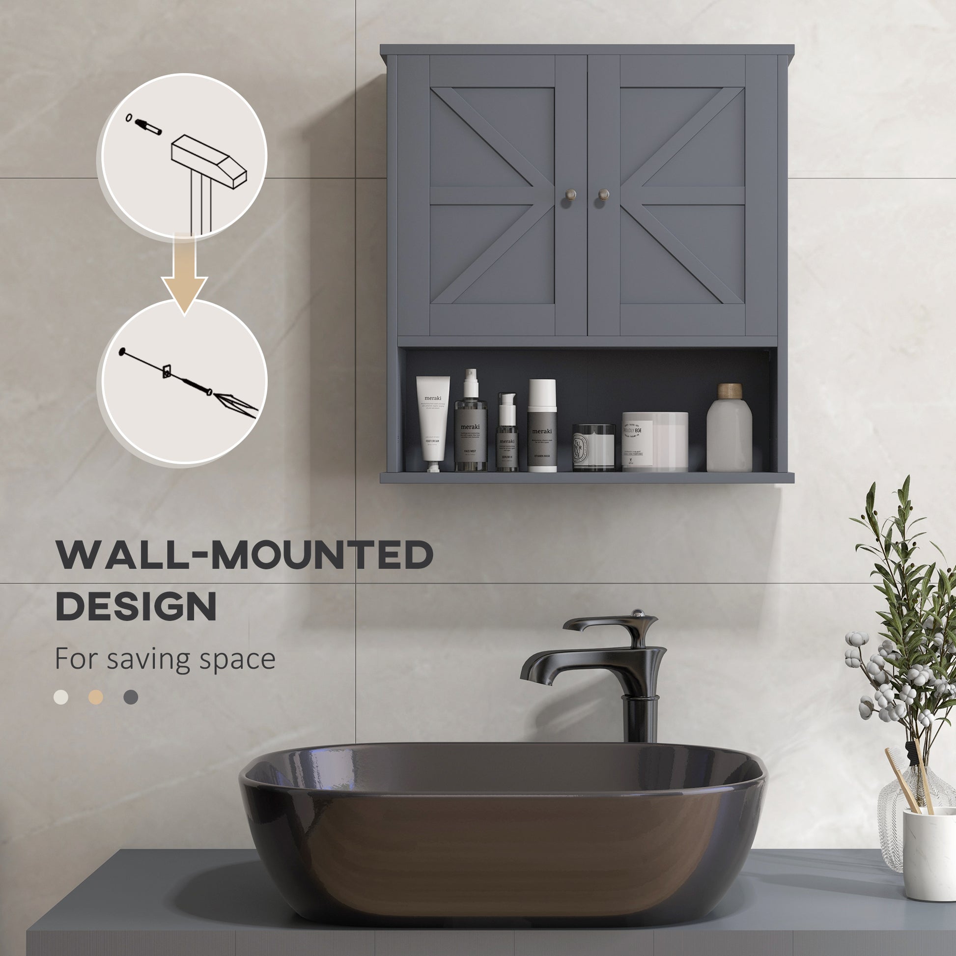 Gray Farmhouse Bathroom Wall Cabinet - Storage & Open Shelf for Living Room