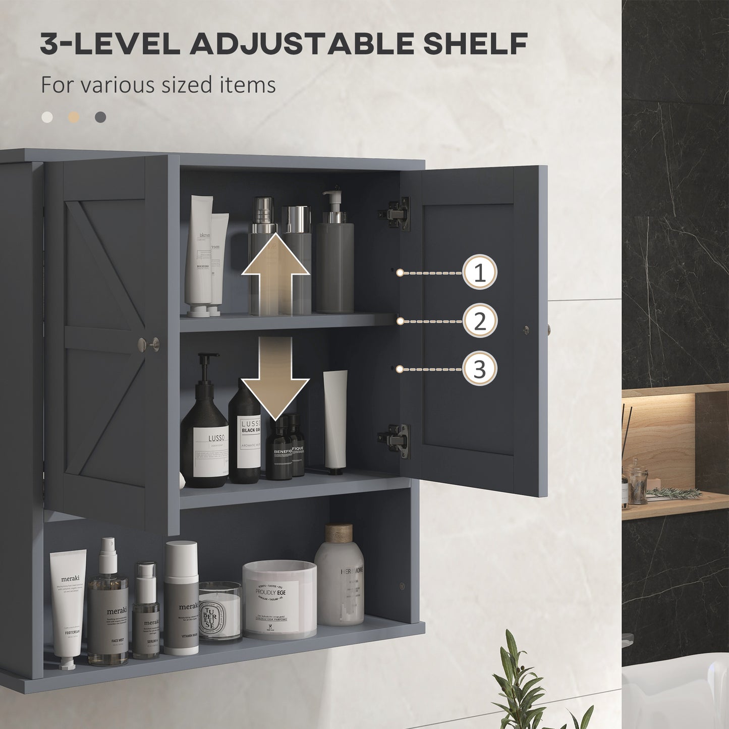 Gray Farmhouse Bathroom Wall Cabinet - Storage & Open Shelf for Living Room