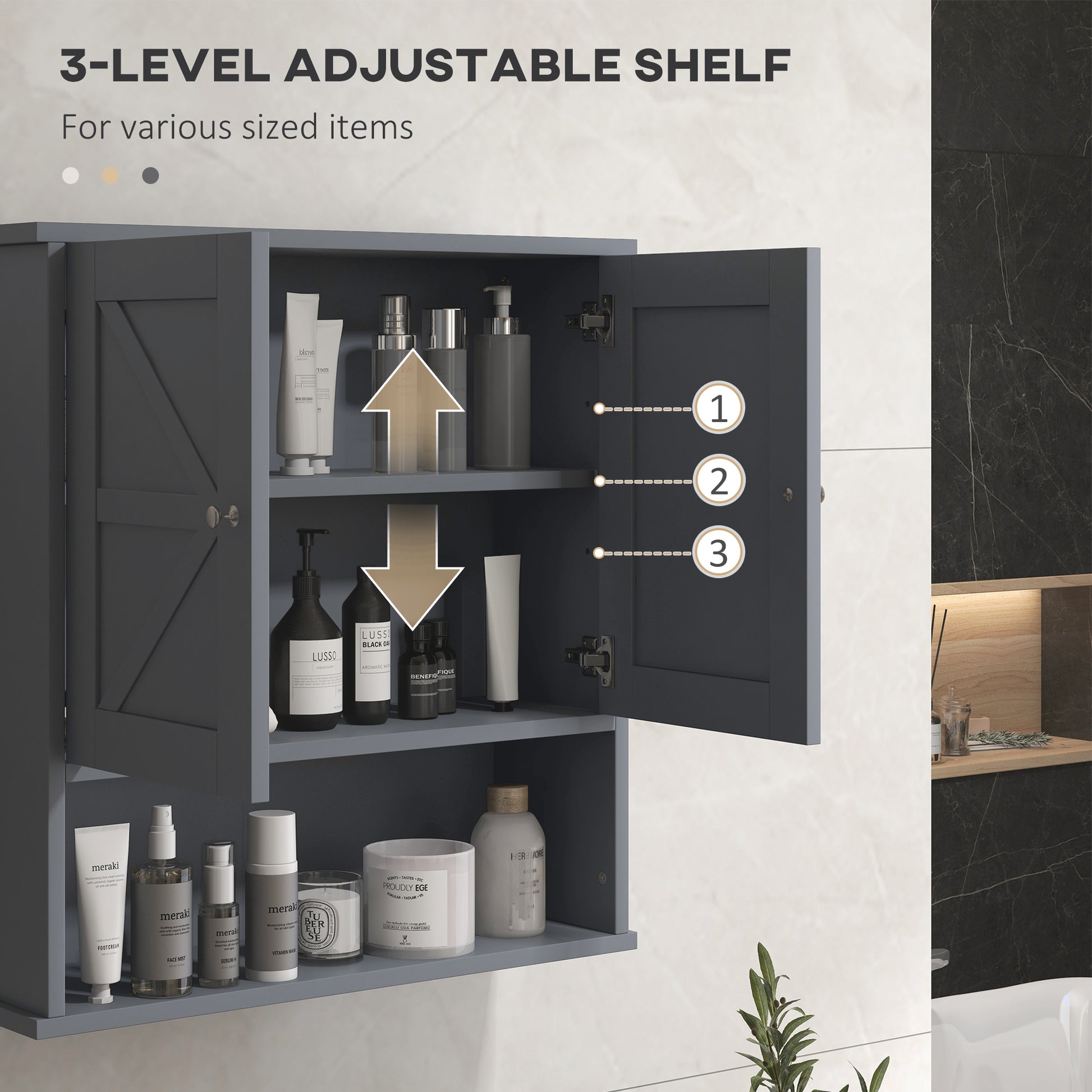Gray Farmhouse Bathroom Wall Cabinet - Storage & Open Shelf for Living Room