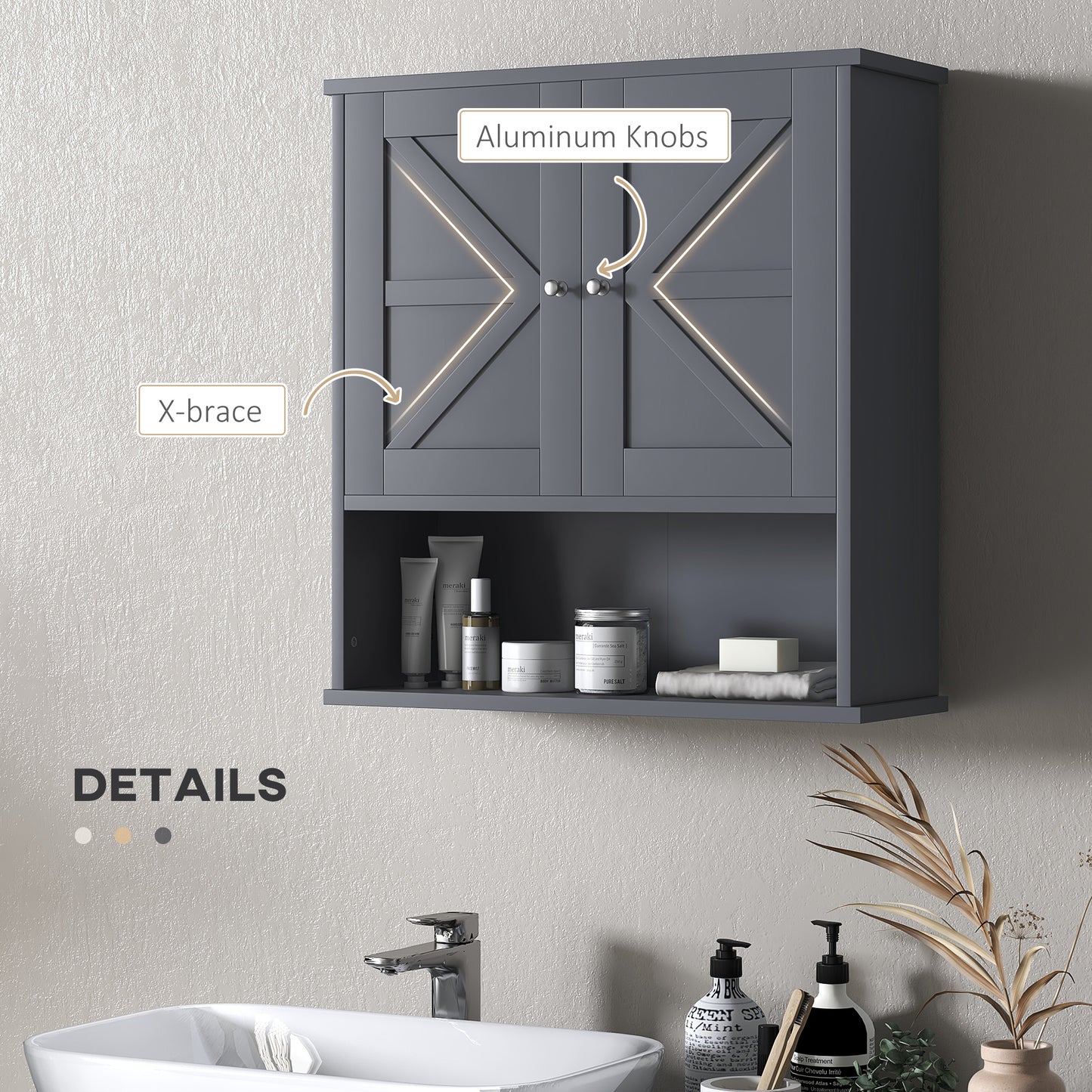 Gray Farmhouse Bathroom Wall Cabinet - Storage & Open Shelf for Living Room
