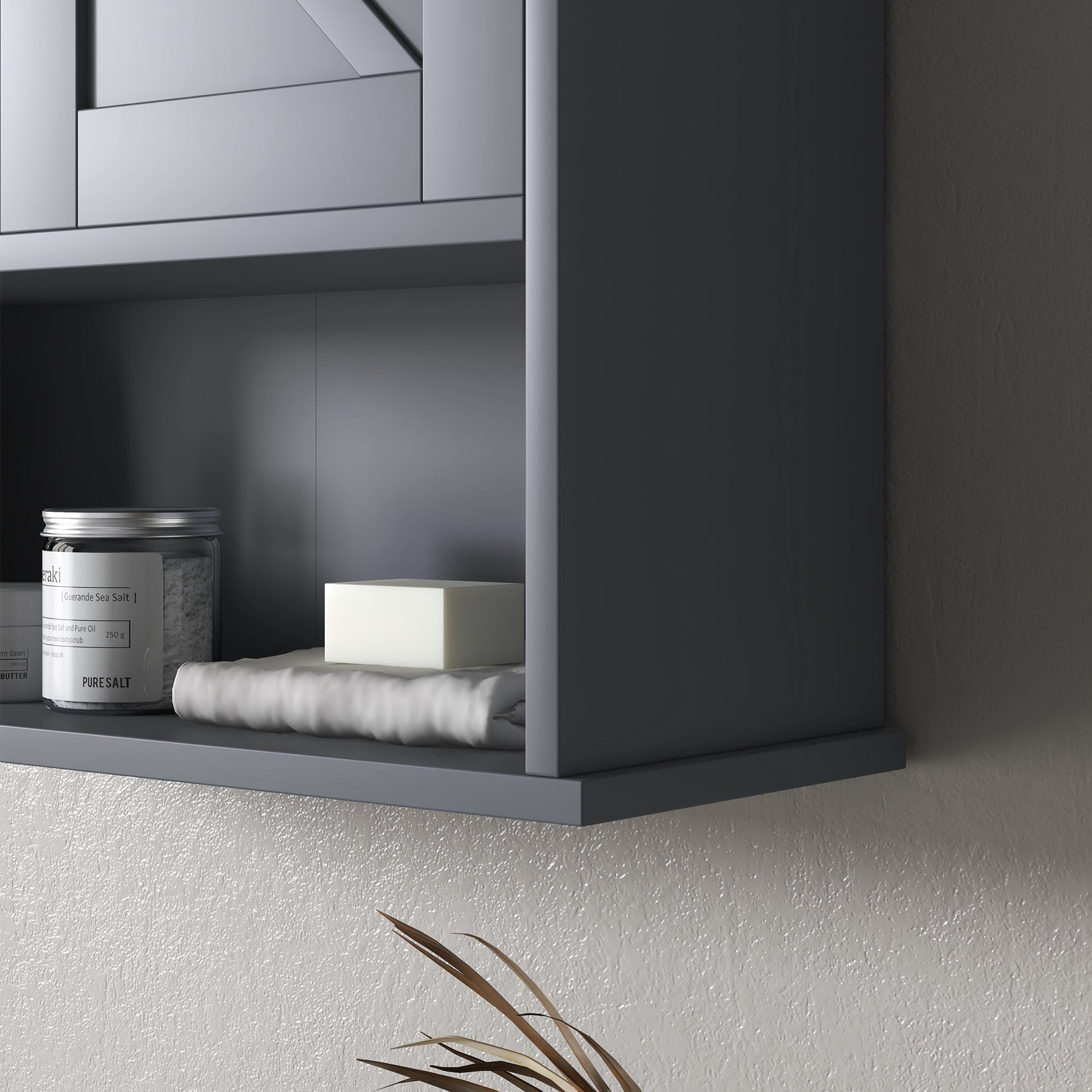 Gray Farmhouse Bathroom Wall Cabinet - Storage & Open Shelf for Living Room