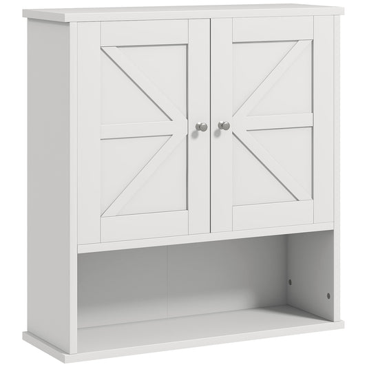 kleankin Farmhouse Bathroom Wall Cabinet, Wall Mounted Medicine Cabinet with Open Shelf & Adjustable Shelf, Storage for Laundry Room, White