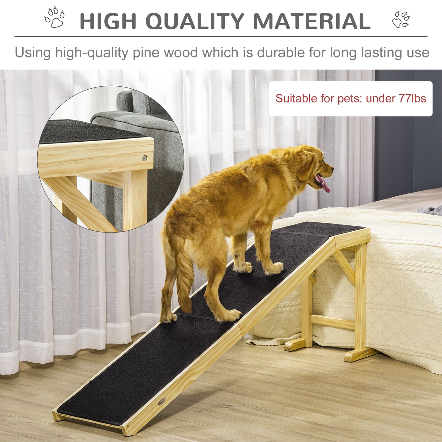 Natural Wood Dog Ramp for Bed - 74" Long