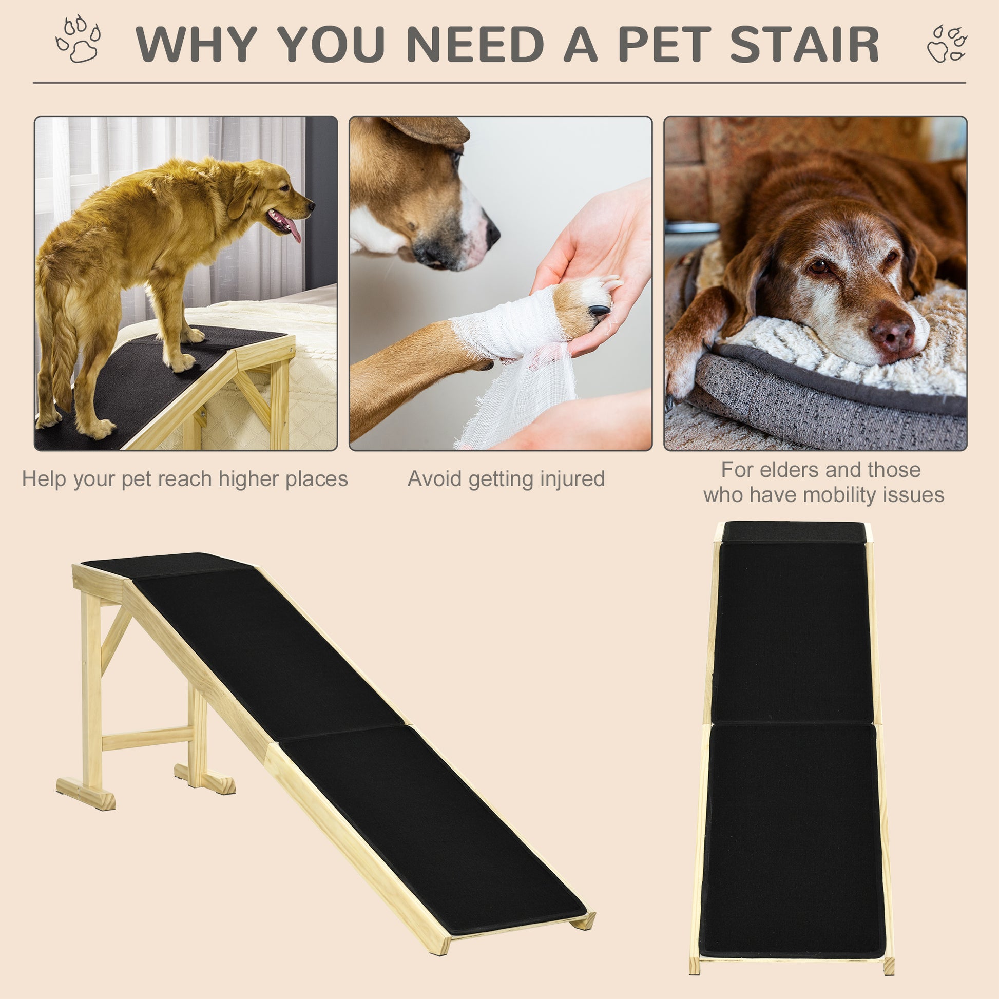 Natural Wood Dog Ramp for Bed - 74" Long