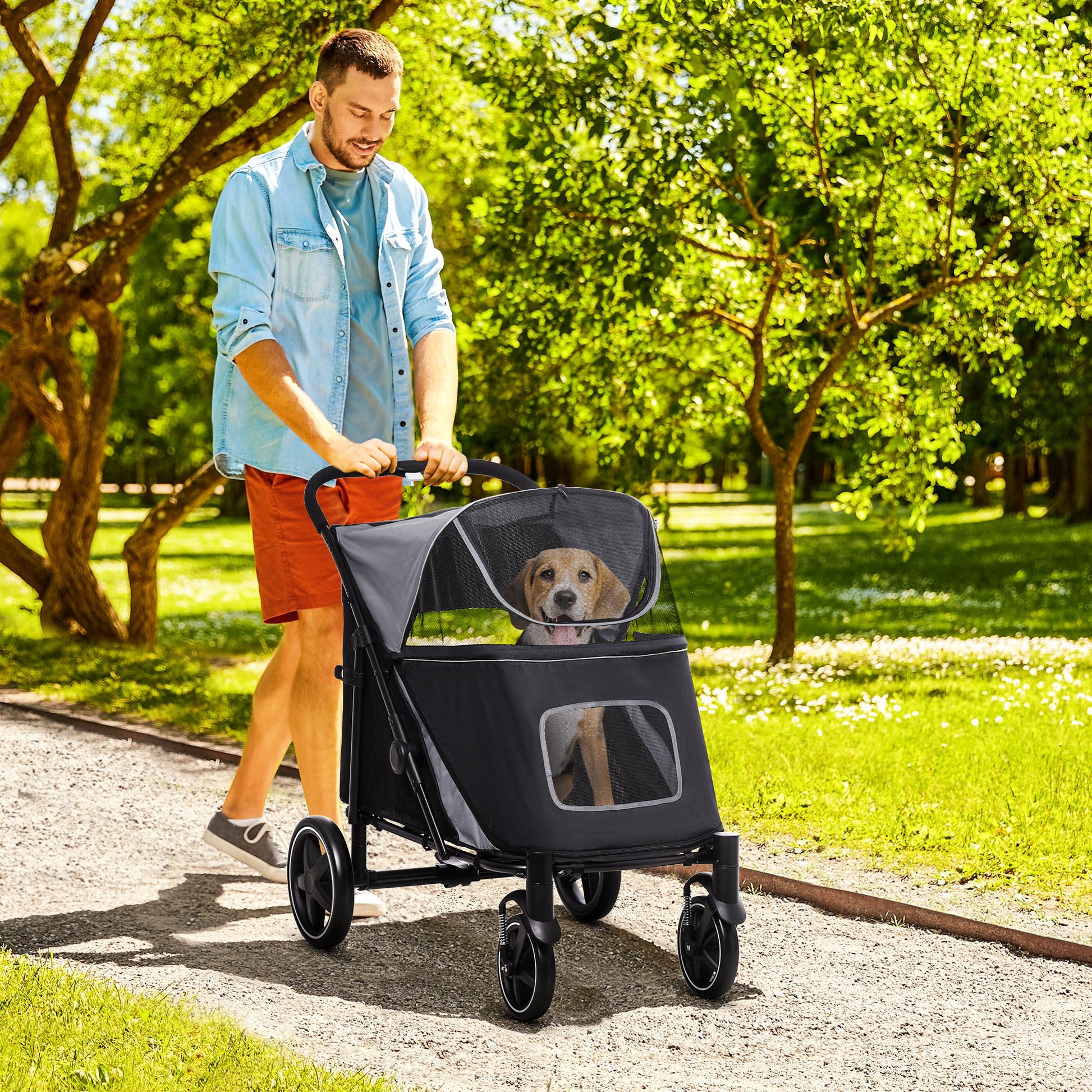 Large Dog Stroller Gray Steel Frame - Foldable Pet Walker