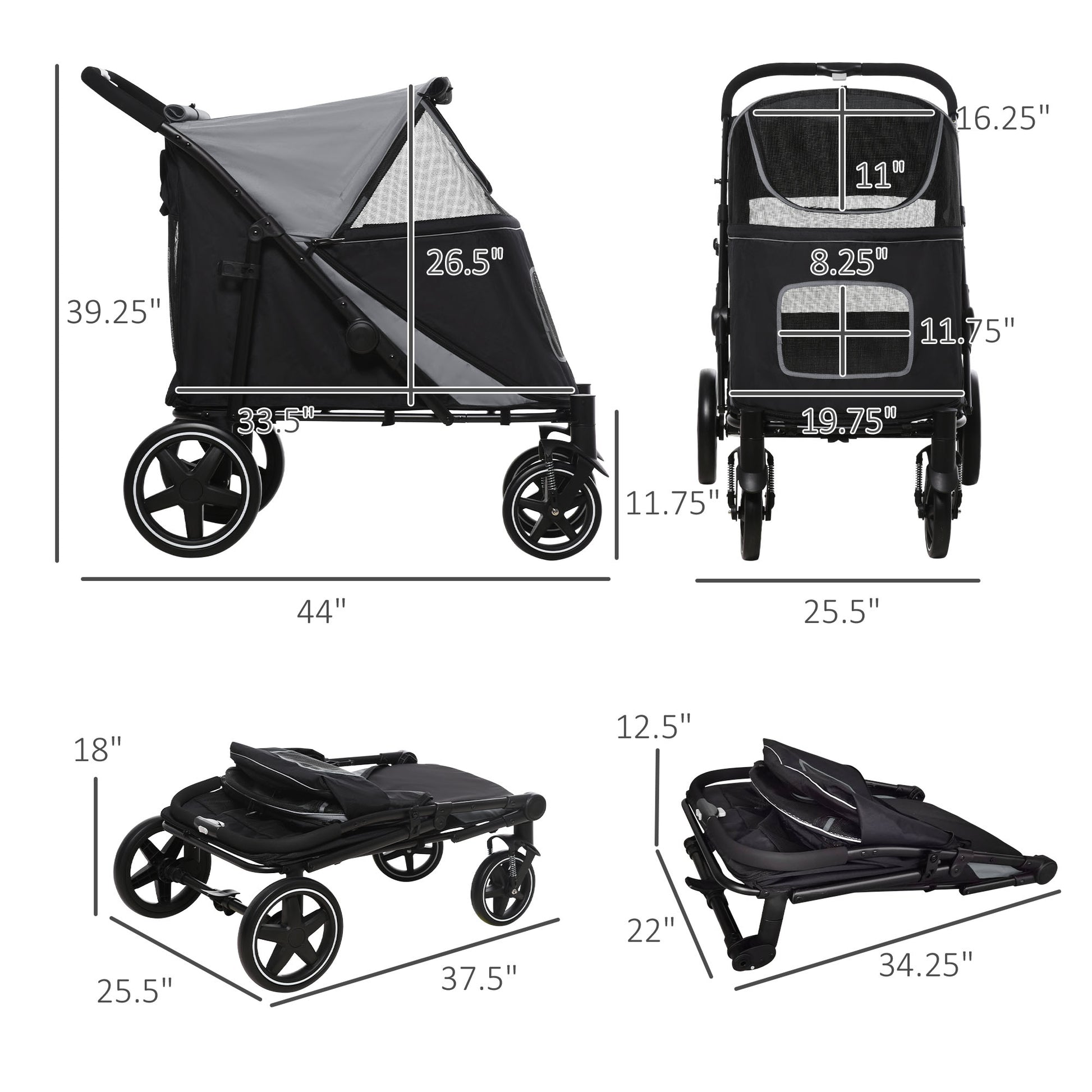Large Dog Stroller Gray Steel Frame - Foldable Pet Walker