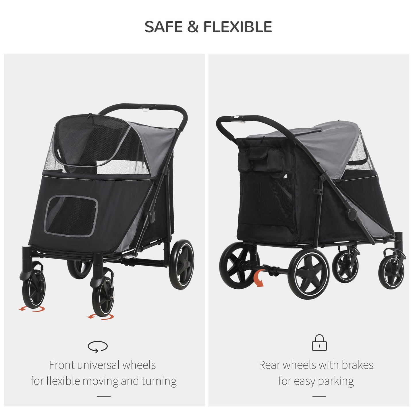 Large Dog Stroller Gray Steel Frame - Foldable Pet Walker
