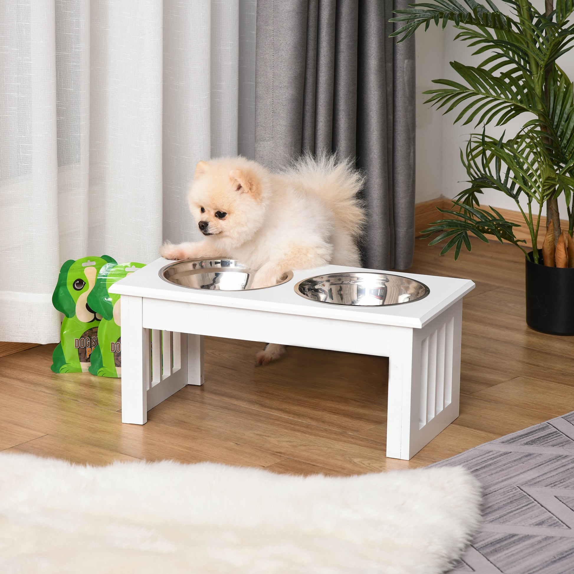Elevated Dog Bowls - Stainless Steel & Wooden Stand, White