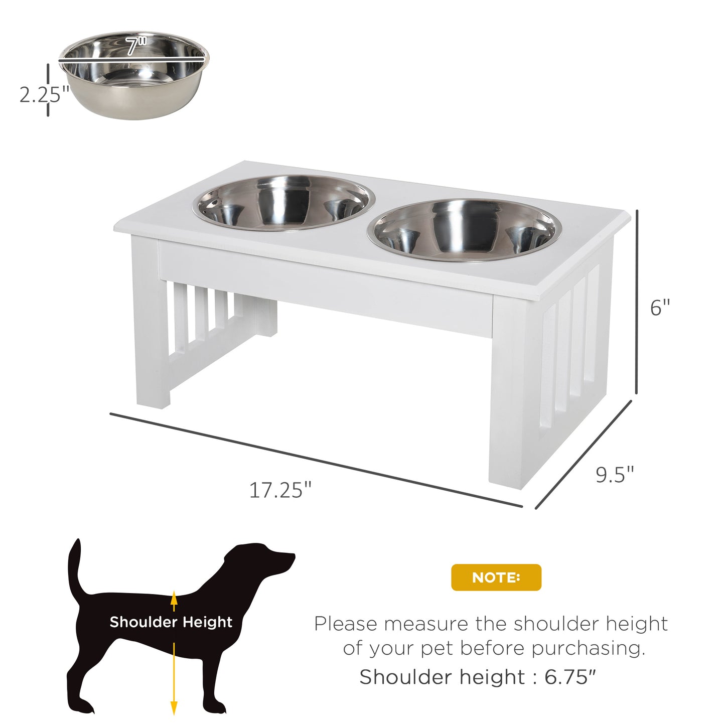Elevated Dog Bowls - Stainless Steel & Wooden Stand, White