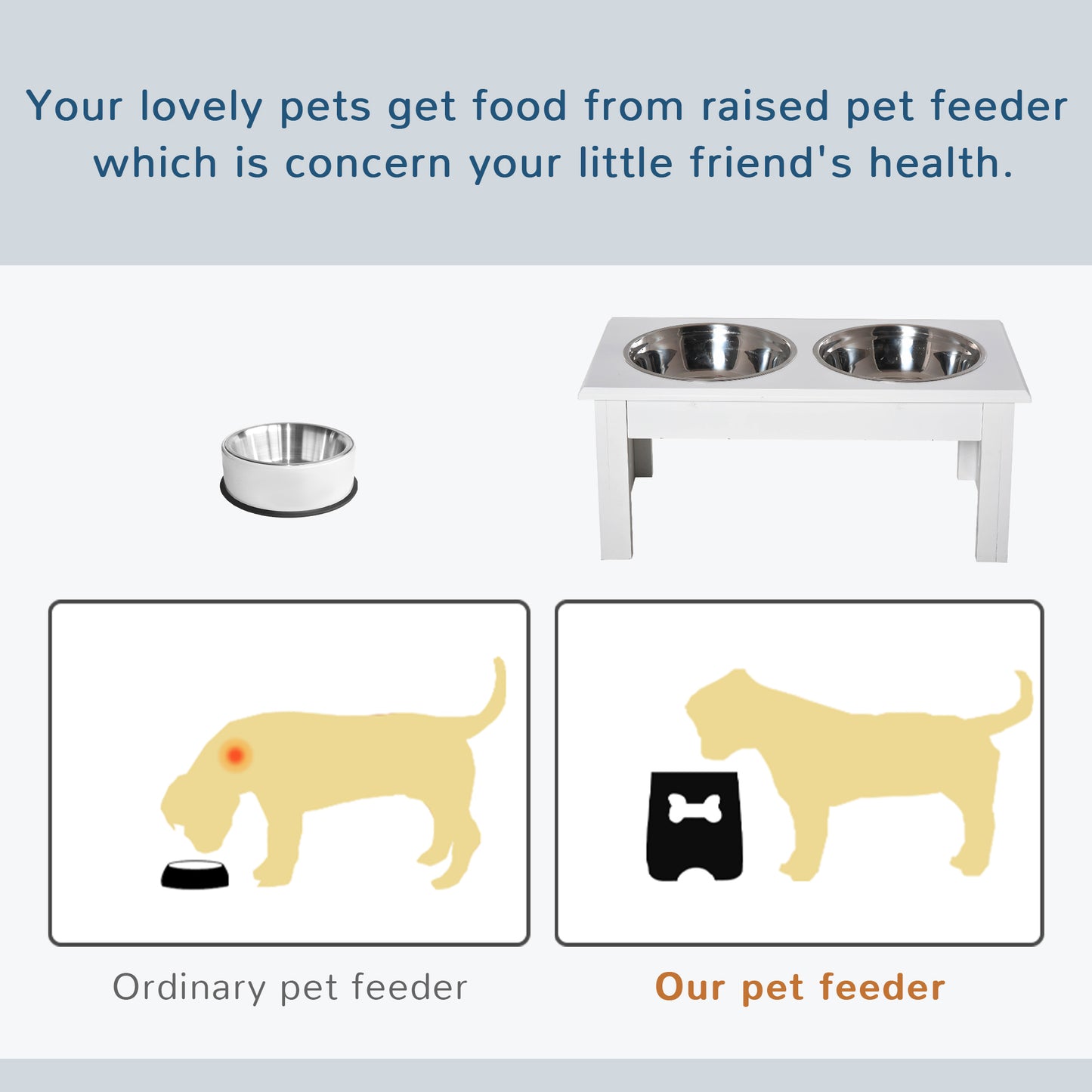 Elevated Dog Bowls - Stainless Steel & Wooden Stand, White