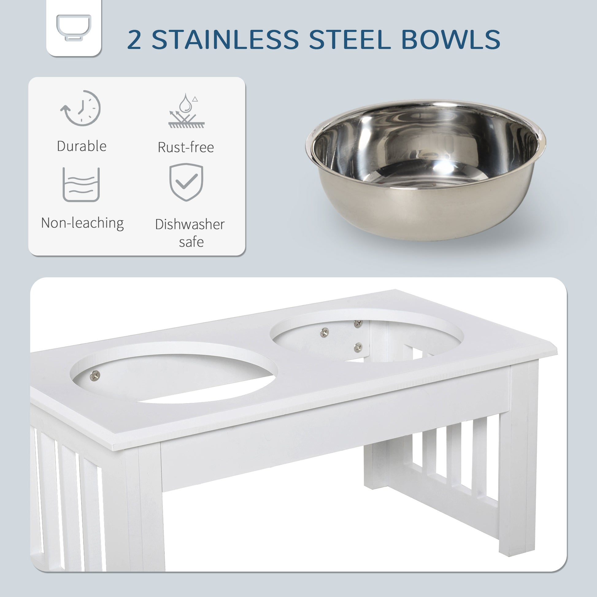 Elevated Dog Bowls - Stainless Steel & Wooden Stand, White