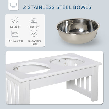 Elevated Dog Bowls - Stainless Steel & Wooden Stand, White