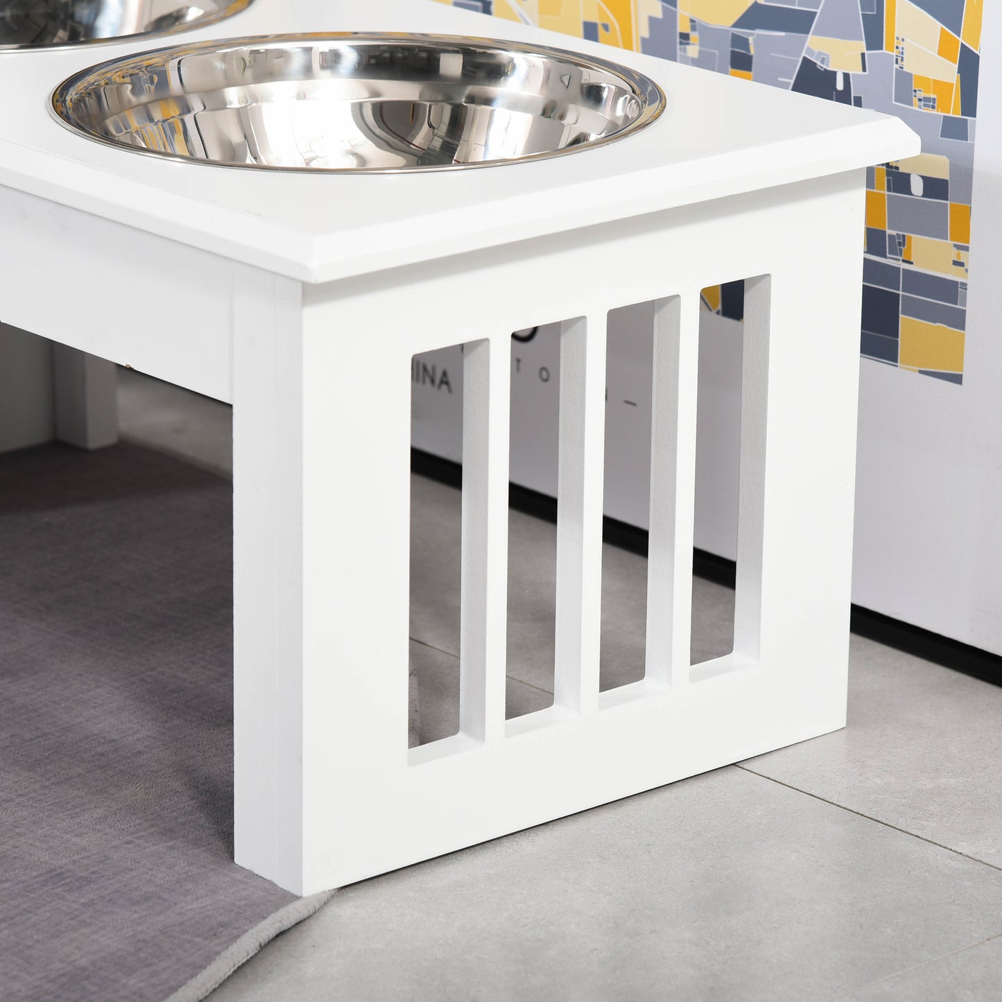 Elevated Dog Bowls - Stainless Steel & Wooden Stand, White