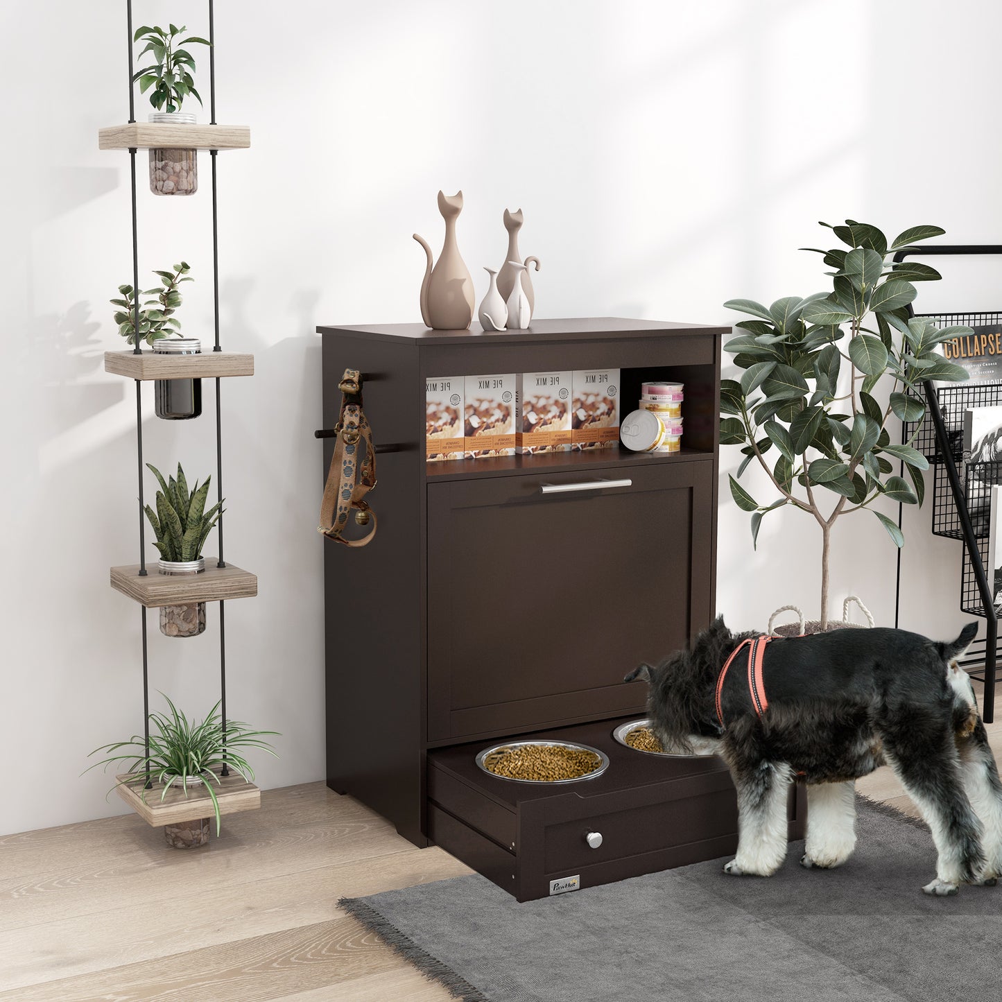 PawHut Pet Feeder Station - Brown Storage Cabinet with Bowls