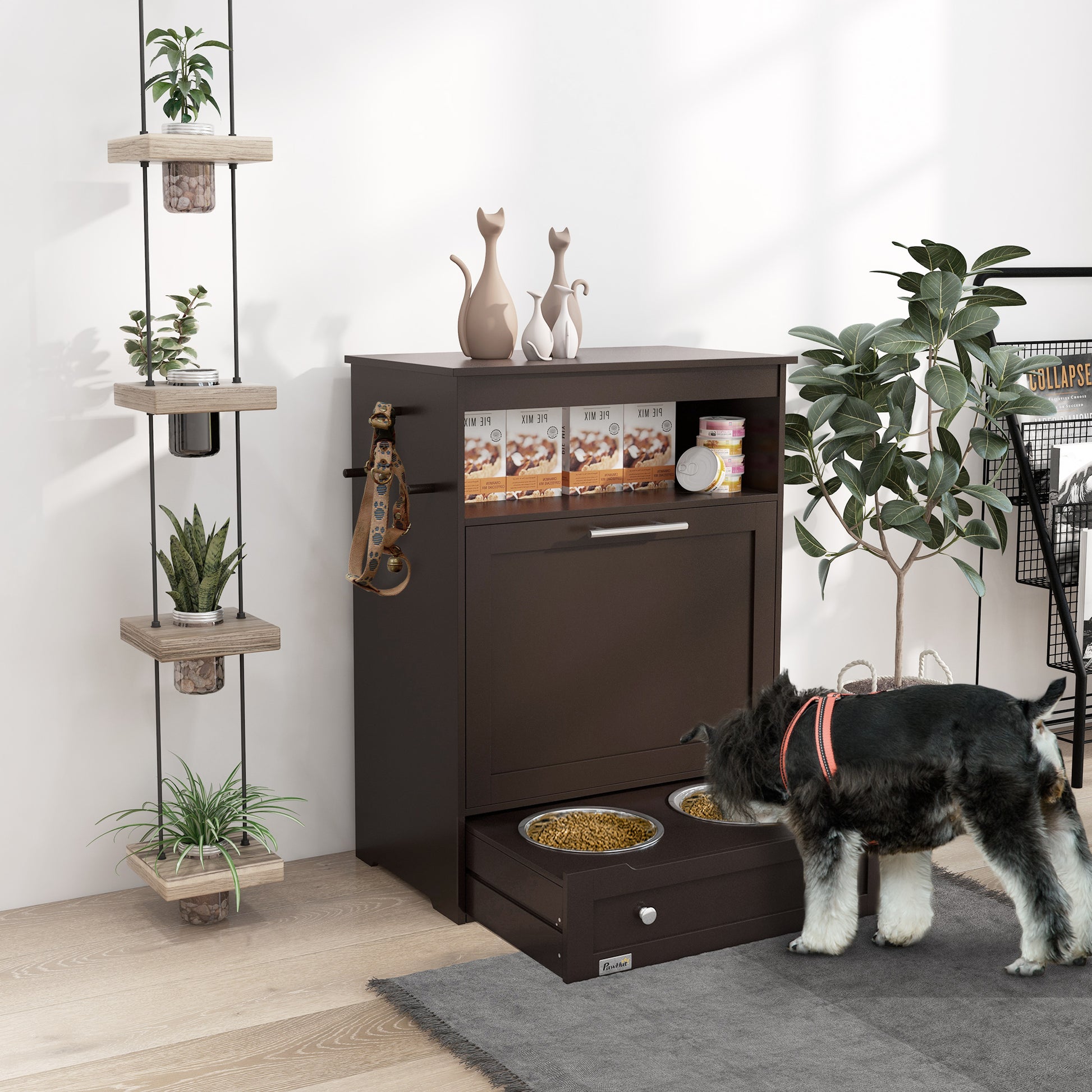 PawHut Pet Feeder Station - Brown Storage Cabinet with Bowls