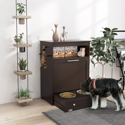 PawHut Pet Feeder Station - Brown Storage Cabinet with Bowls