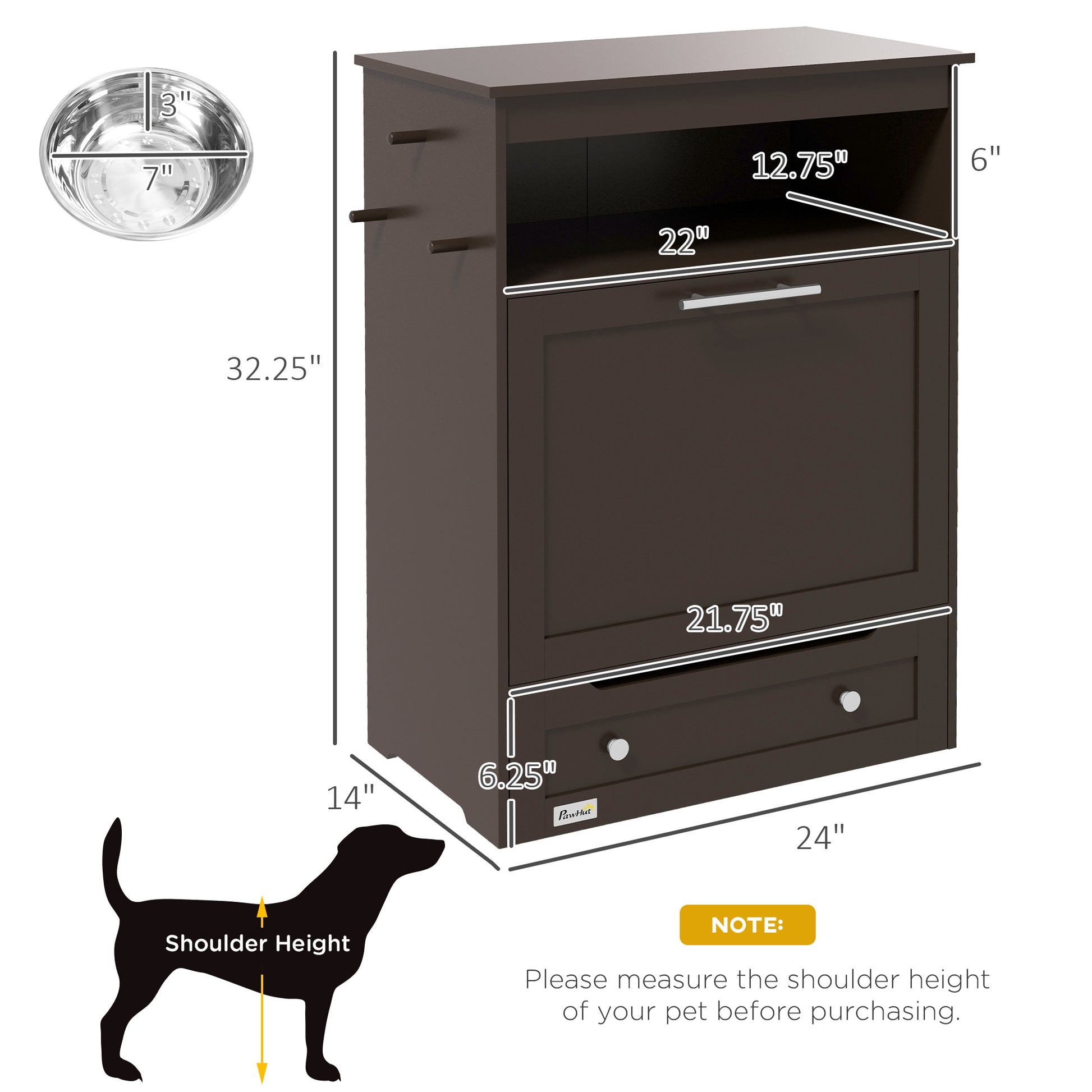 PawHut Pet Feeder Station - Brown Storage Cabinet with Bowls
