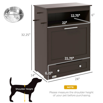 PawHut Pet Feeder Station - Brown Storage Cabinet with Bowls