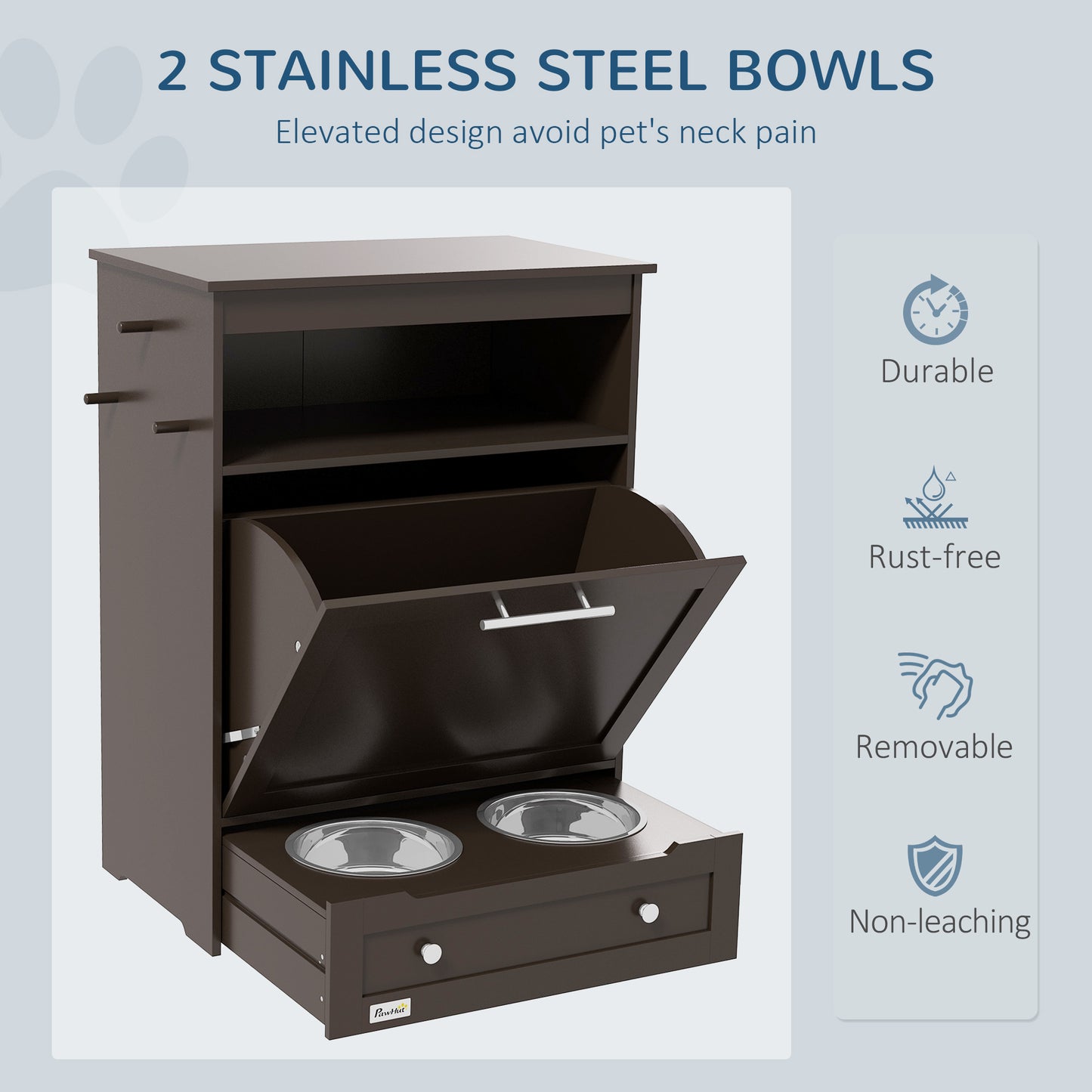 PawHut Pet Feeder Station - Brown Storage Cabinet with Bowls