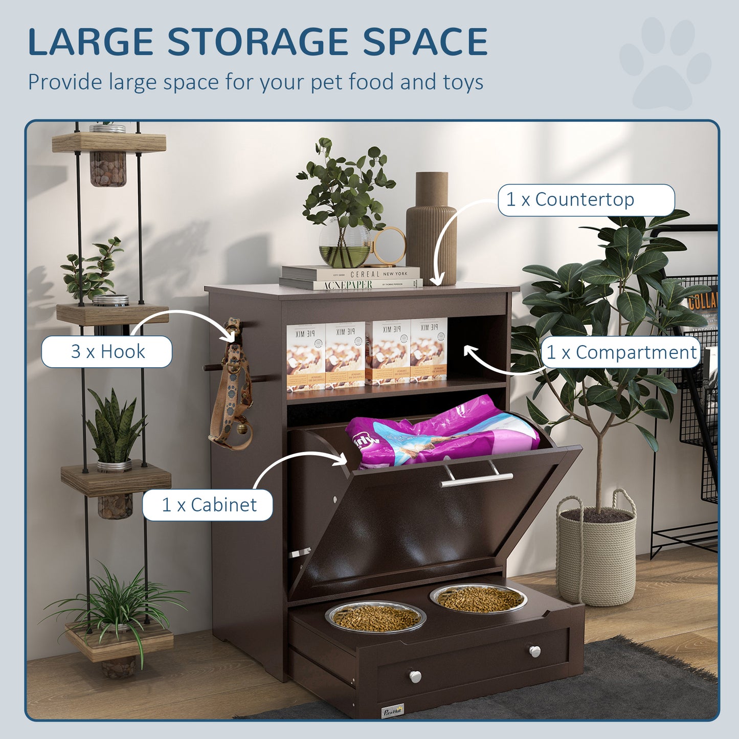 PawHut Pet Feeder Station - Brown Storage Cabinet with Bowls