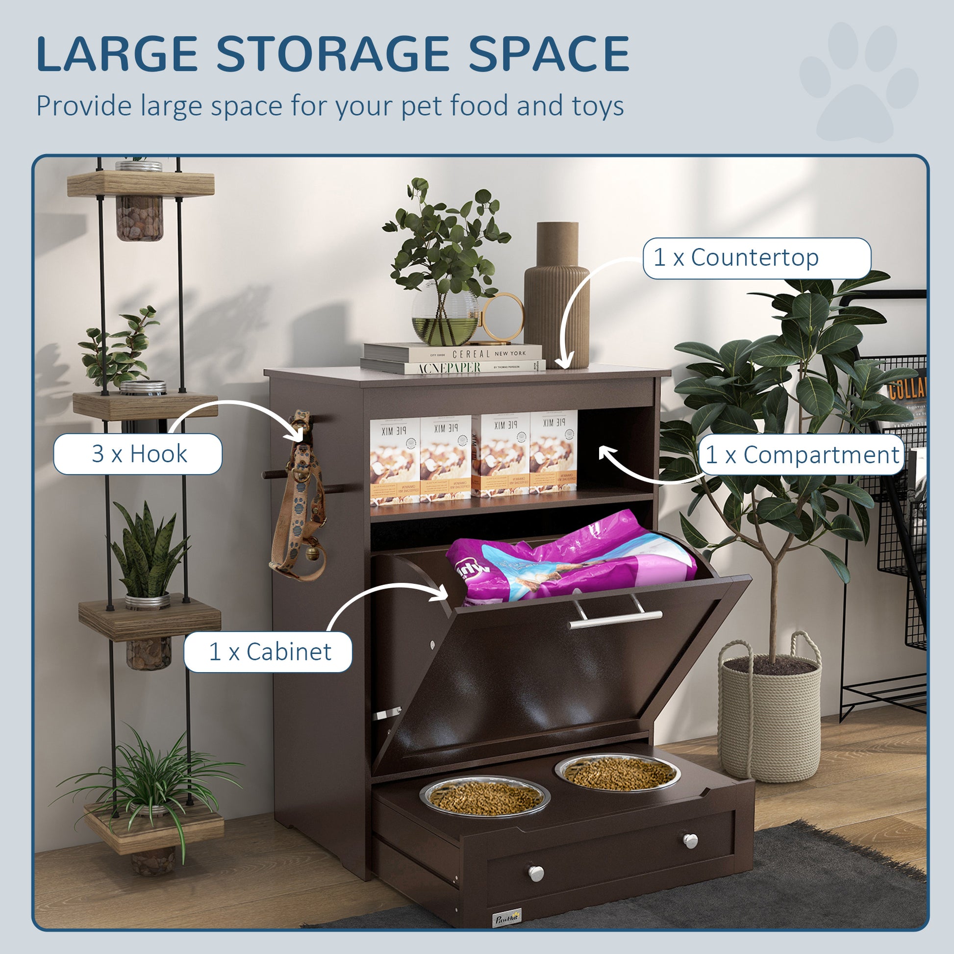 PawHut Pet Feeder Station - Brown Storage Cabinet with Bowls