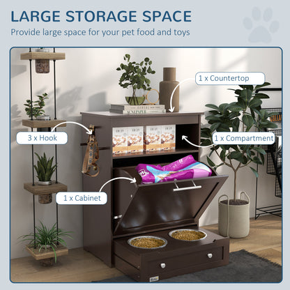 PawHut Pet Feeder Station - Brown Storage Cabinet with Bowls