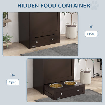 PawHut Pet Feeder Station - Brown Storage Cabinet with Bowls