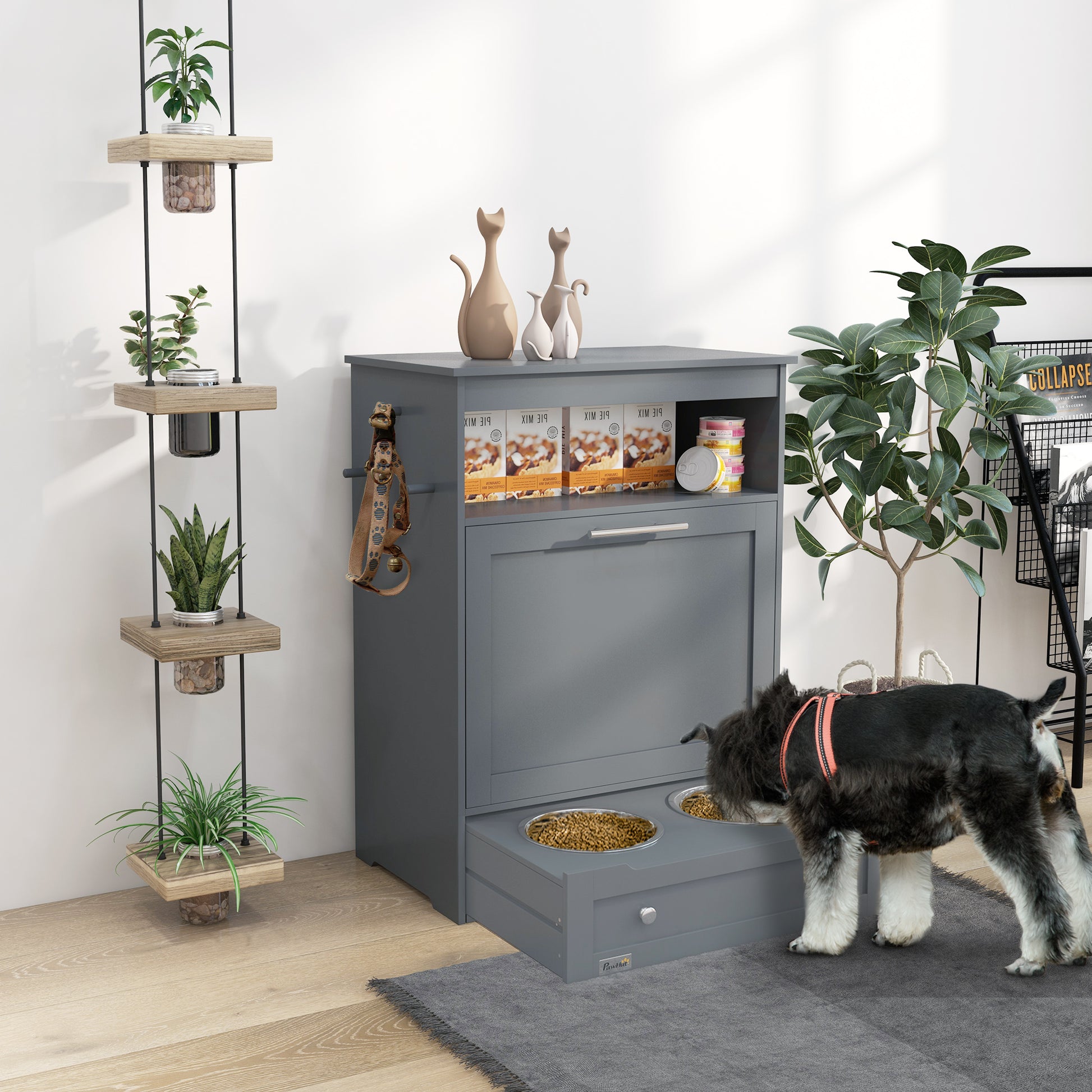 Gray MDF Pet Feeder Station - Dog Food Storage