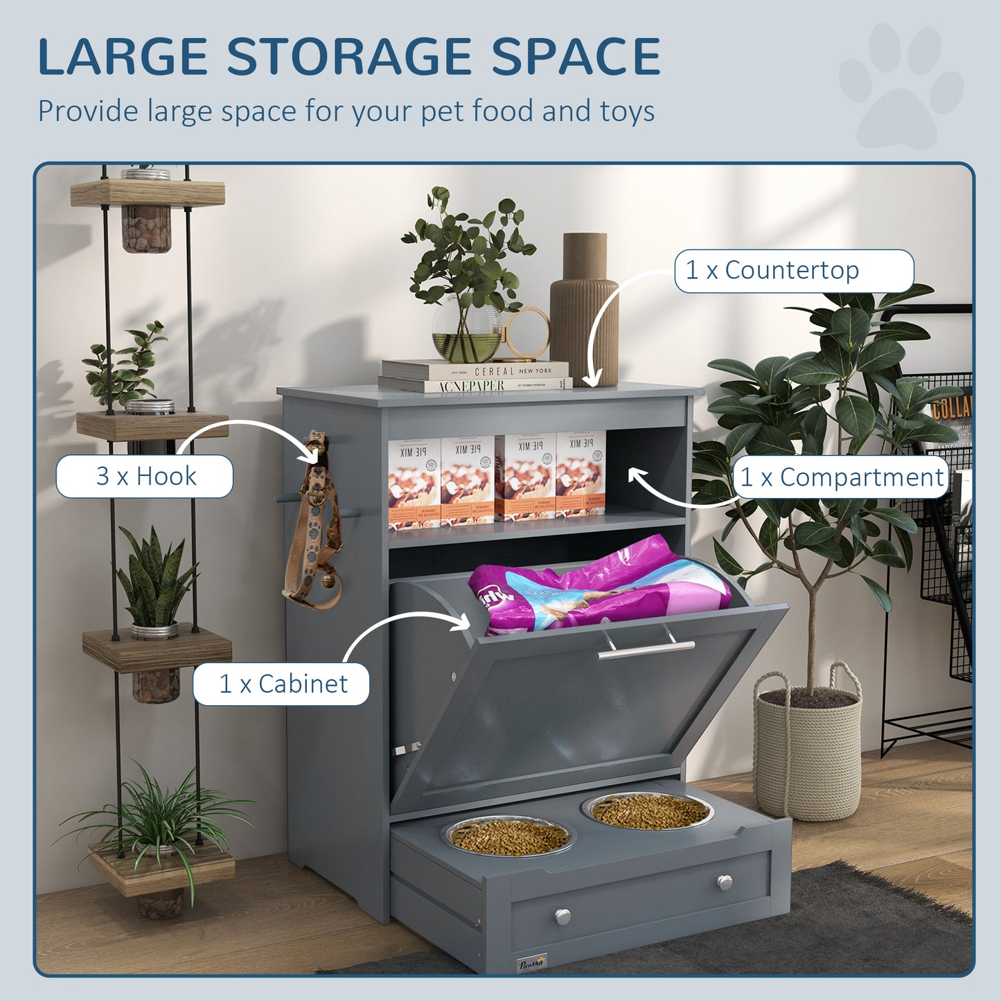 Gray MDF Pet Feeder Station - Dog Food Storage