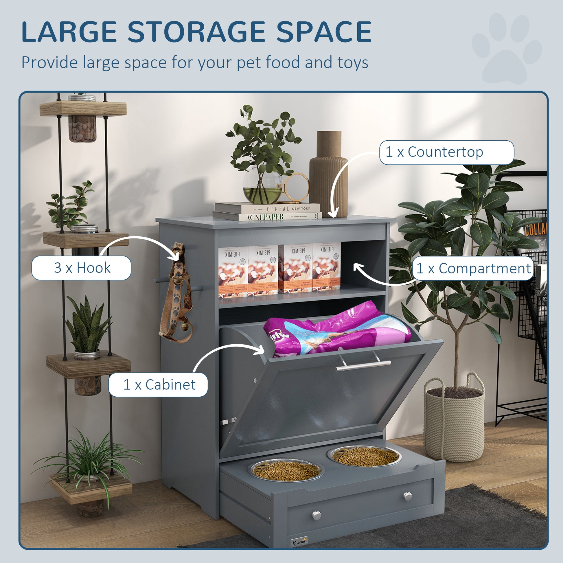 Gray MDF Pet Feeder Station - Dog Food Storage