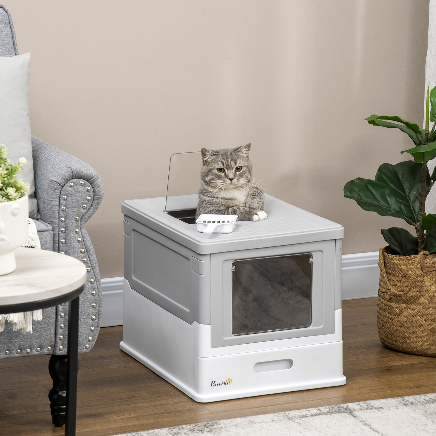 PawHut Fully Enclosed Cat Litter Box - Spacious Gray Pet Potty