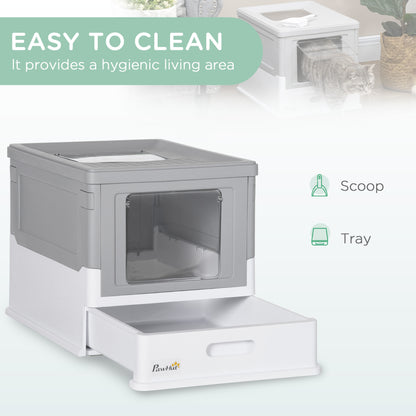 PawHut Fully Enclosed Cat Litter Box - Spacious Gray Pet Potty