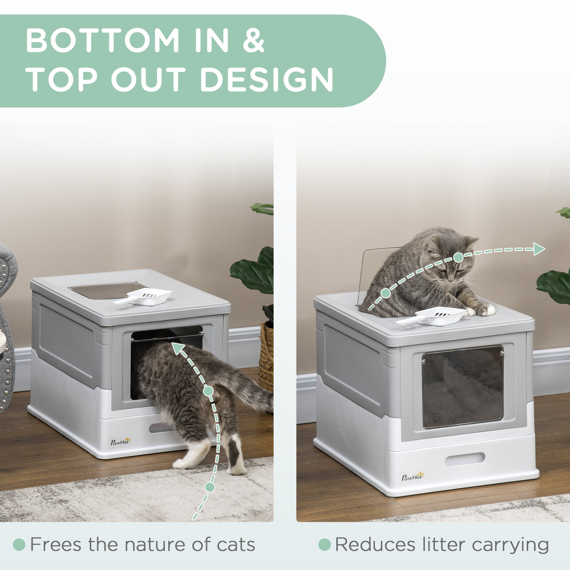 PawHut Fully Enclosed Cat Litter Box - Spacious Gray Pet Potty