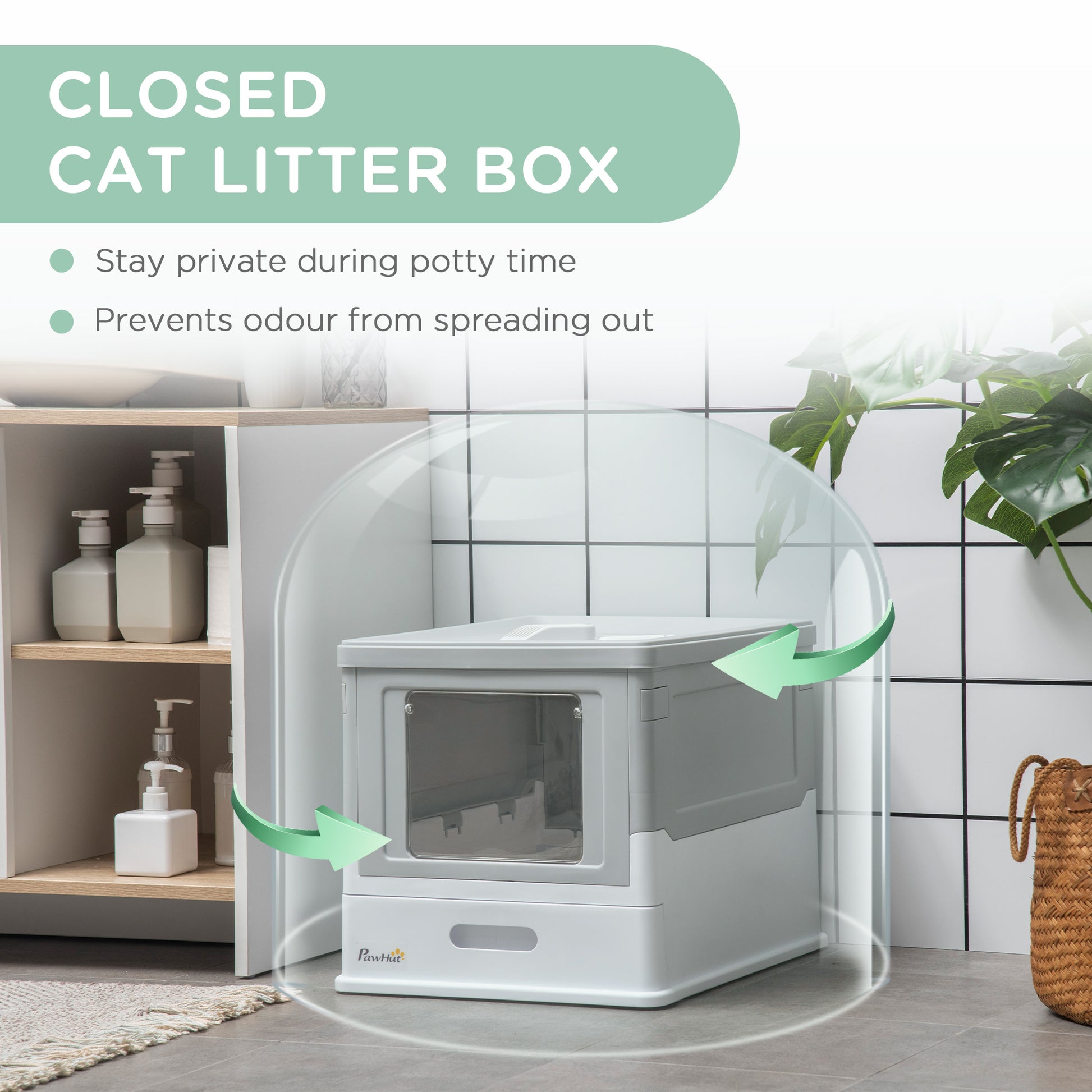 PawHut Fully Enclosed Cat Litter Box - Spacious Gray Pet Potty