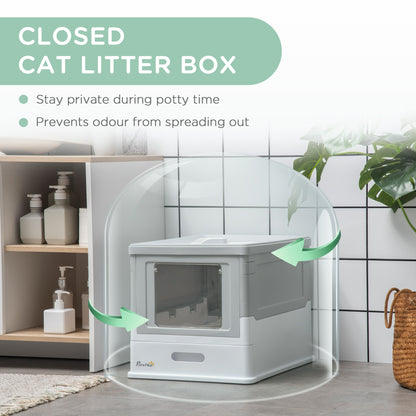 PawHut Fully Enclosed Cat Litter Box - Spacious Gray Pet Potty