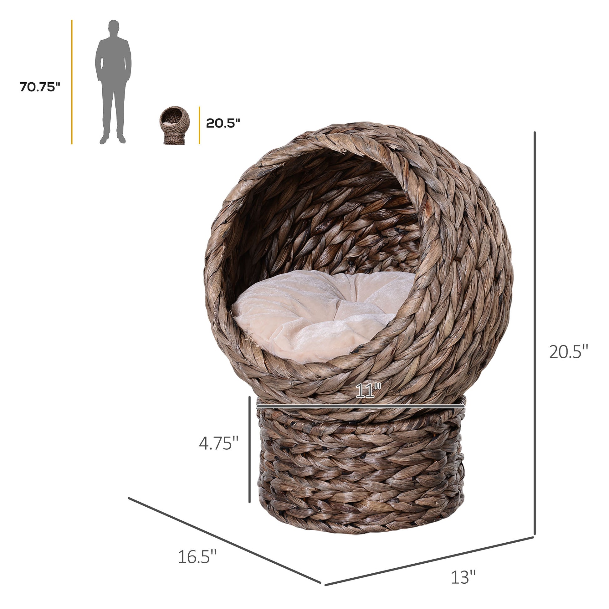 Gray Wicker Elevated Cat Bed with Soft Cushion for Indoor Cats