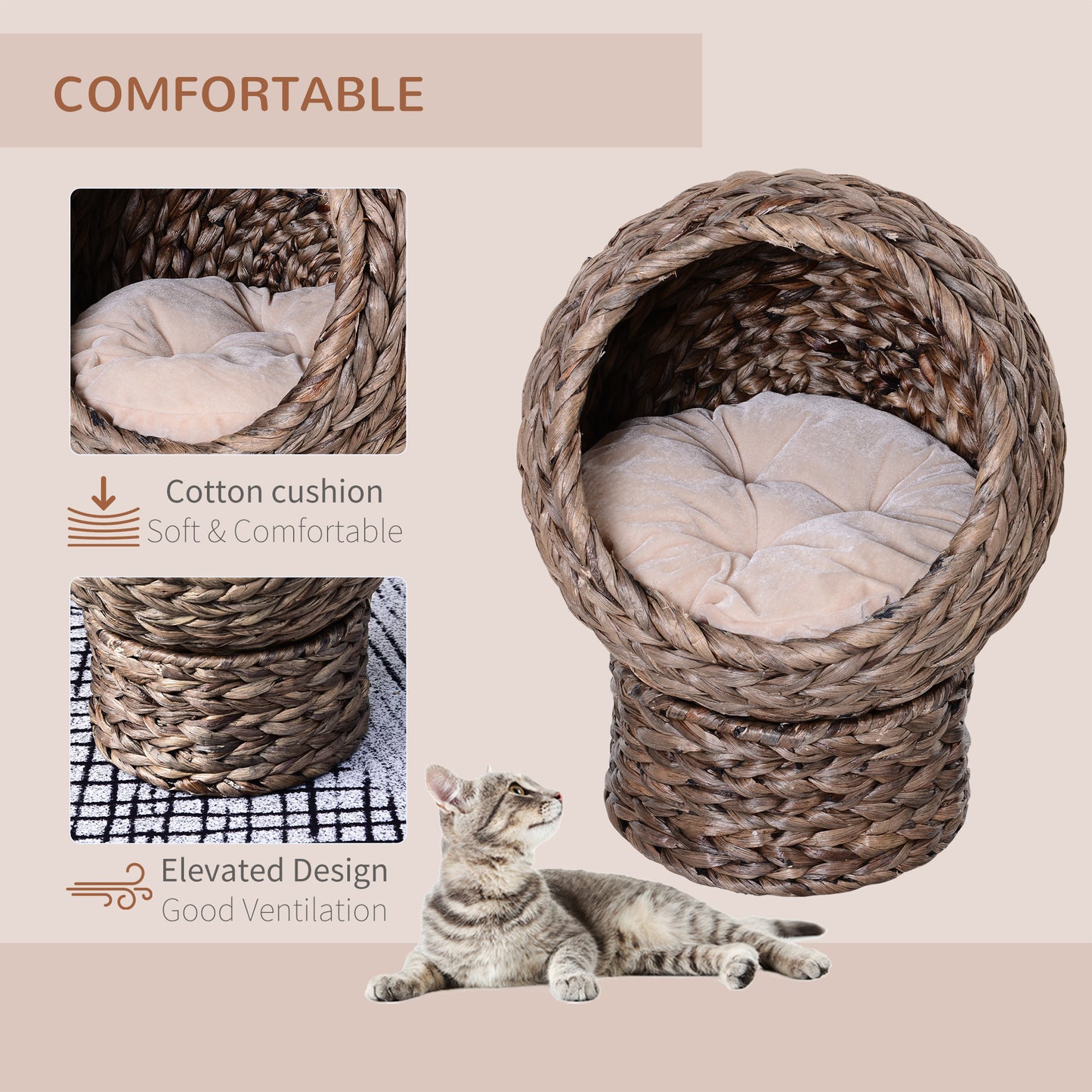 Gray Wicker Elevated Cat Bed with Soft Cushion for Indoor Cats